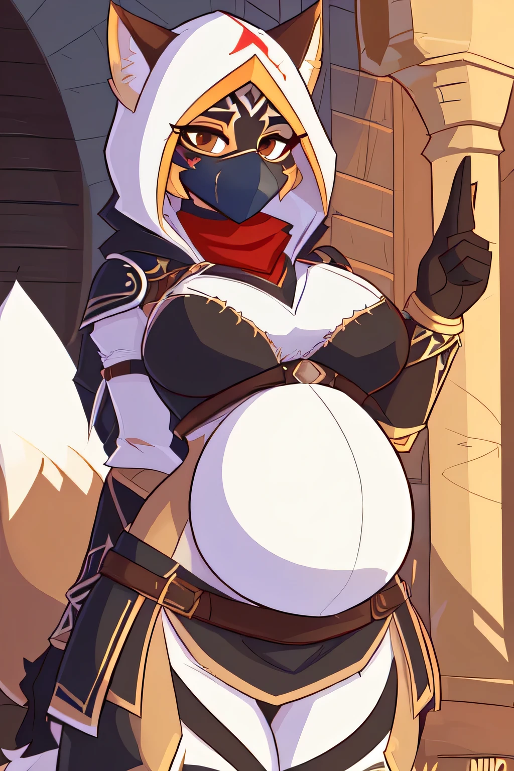 ((8k, 4k, Detailed, High quality, masterpiece, perfect anatomy)), Assassin's Creed, furry, female, mature female, ((by Kilinah, fluff-kevlar)), german shepherd, sexy body, breasts, cute face, brown eyes, fluffy tail, Assassin's Creed armor, Assassin's Creed outfit, assassin face mask, pregnant