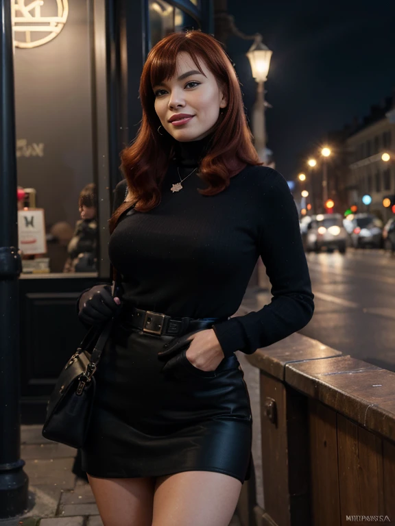 A beautiful smiling lips open Bettie page with red hair in a dark blue, long loose invernal black coat, black gloves, in a large black turtleneck with a black small round pendant in a maxy long brown pencil skirt with a side slit, standing outside a cafe on the street on Nevsky Prospekt, burgundy bag ,watin for the taxy, she wants to make love with me now,photo captured in stunning Ultra HD, 8k resolution, Nikon D850,