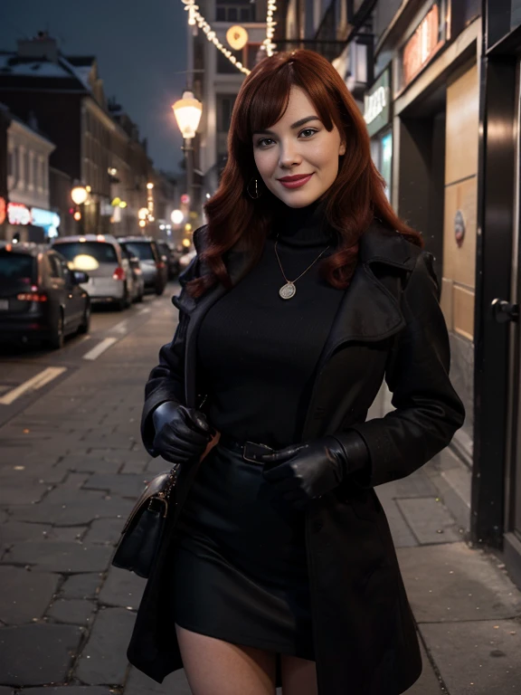A beautiful smiling lips open Bettie page with red hair in a dark blue, long loose invernal black coat, black  gloves, in a large black turtleneck with a black small round pendant in a maxy long brown pencil skirt with a side slit, standing outside a cafe on the street on Nevsky Prospekt, burgundy bag ,watin for the taxy, she wants to make love with me now,photo captured in stunning Ultra HD, 8k resolution, Nikon D850,  