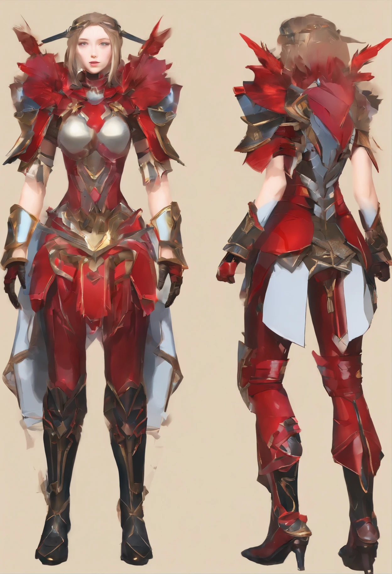 role conception，female战士，red armor，female，Three View，information，Set the chart，whole body