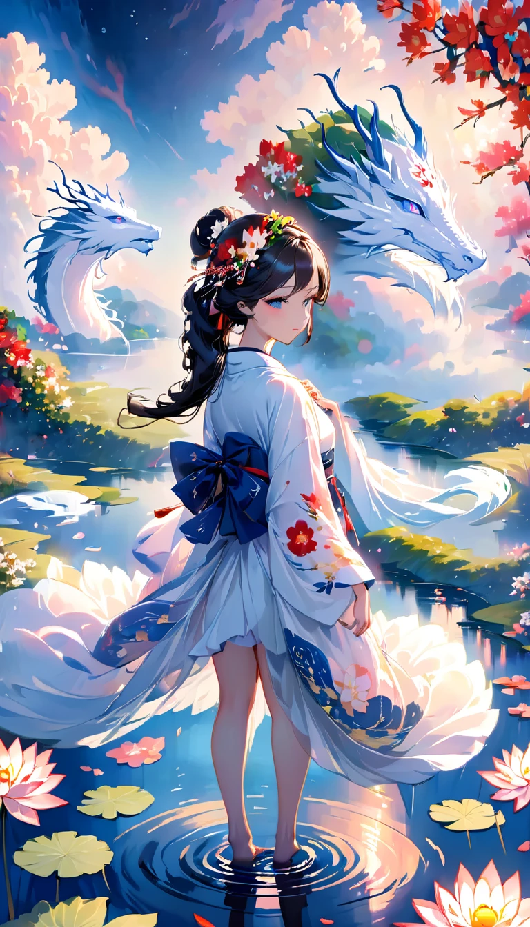 masterpiece,colorful clouds,halo,Reflection on the surface of the water,fan,Gorgeous and luxurious,Glittering,white long hair,Japanese style flower crown,Goddess,Hagoromo,The skin is transparent,、standing on tiptoe,The whole person is visible,kimono,長いkimonoの裾から片足だけ見えてる,kimonoが濡れて肌が透けている,A casual white dragon in the background,White Lotus Flowers.petals dance,water droplets,glossy,god々The beauty,a sad expression,flushed cheeks,night curtain