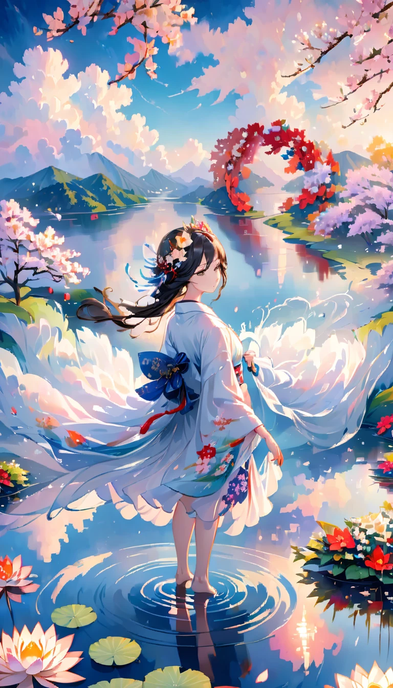 masterpiece，colorful clouds，halo，Reflection on the surface of the water，fan，Gorgeous and luxurious，Glittering，white long hair，Japanese style flower crown，Goddess，Hagoromo，The skin is transparent，、standing on tiptoe，The whole person is visible，kimono，長いkimonoの裾から片足だけ見えてる，kimonoが濡れて肌が透けている，A casual white dragon in the background，White Lotus Flowers．petals dance，water droplets，glossy，god々The beauty，a sad expression，flushed cheeks，night curtain