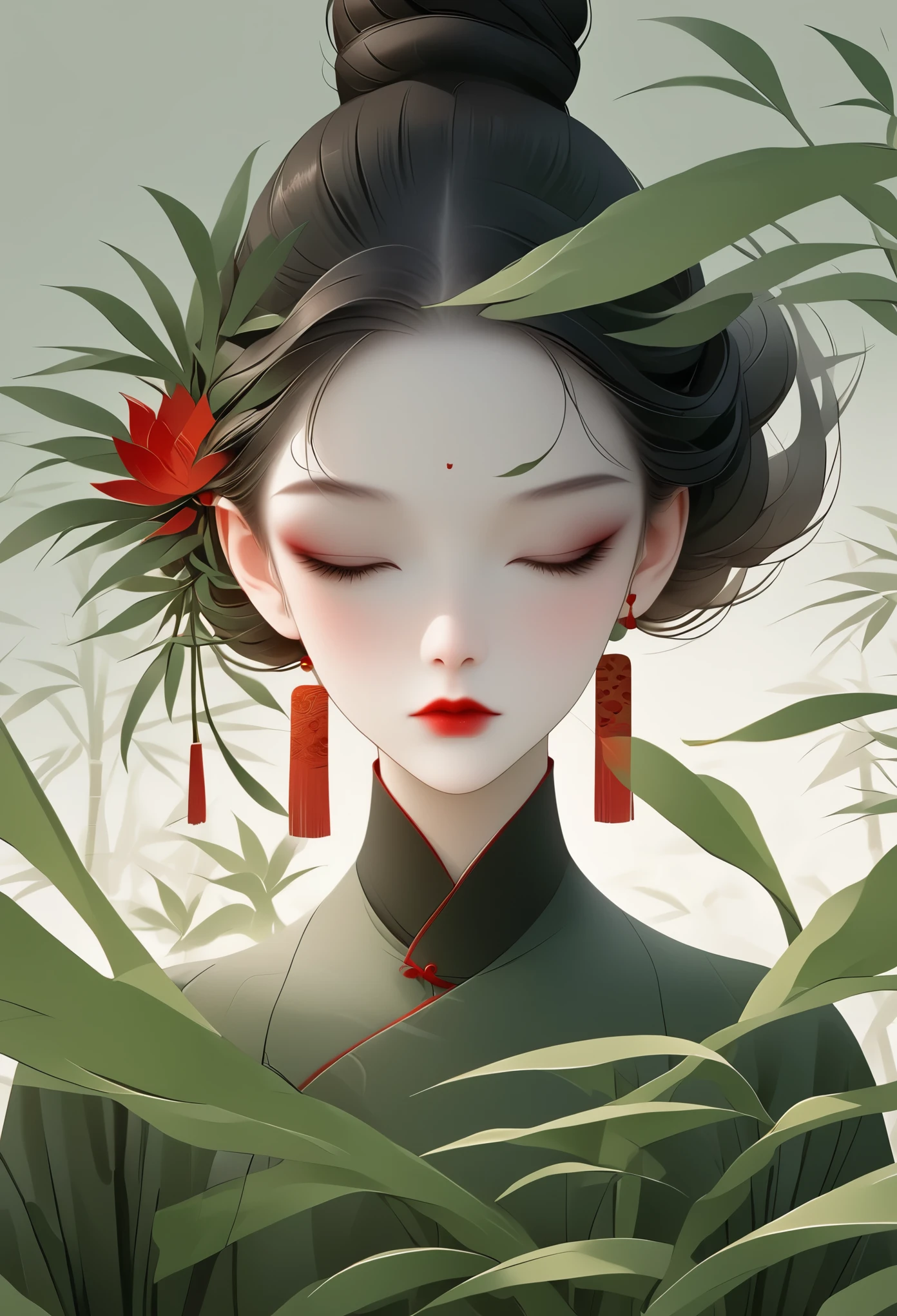 (masterpiece, best quality:1.2), 1 girl, alone,beautiful face，red lips，Minimalist Art Nouveau，illustration style，Black and green，bamboo，Chinese elements