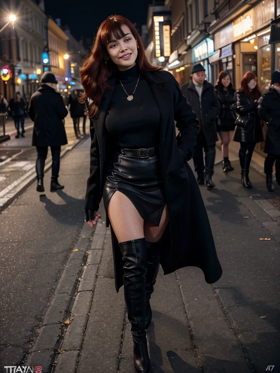 A beautiful smiling lips open Bettie page with red hair in a dark blue, long loose invernal black coat, black  gloves, in a large black turtleneck with a black small round pendant in a maxy long brown pencil skirt with a side slit, tight high boots, standing outside a cafe on the street on Nevsky Prospekt, burgundy bag ,watin for the taxy, she wants to make love with me now,photo captured in stunning Ultra HD, 8k resolution, Nikon D850,  