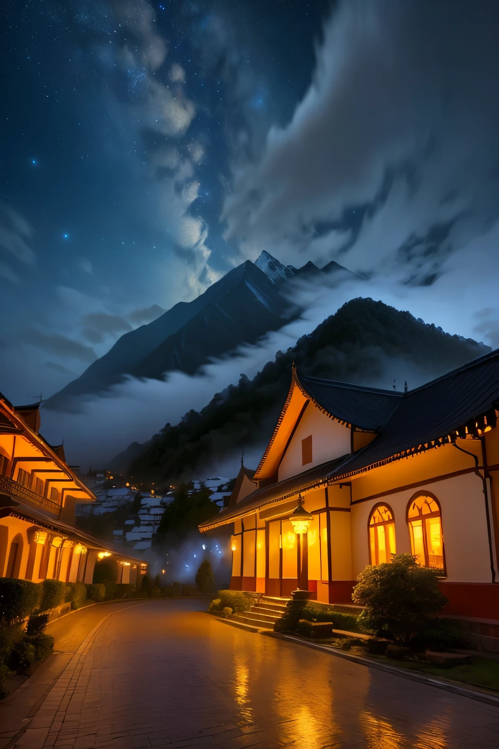 Immerse yourself in the majestic allure of Dehradun and Mussoorie's nighttime mountain panoramas, where the peaks are shrouded in a blanket of stars, and the valleys are illuminated by the moon's gentle glow. The crisp mountain air carries the soft whispers of the wind through the trees, while the flickering flames of traditional lanterns cast an otherworldly glow upon the landscape. Let the hyper-realistic rendition of these scenes transport you to a world of enchantment and wonder, where the beauty of nature is magnified by the magic of the night.