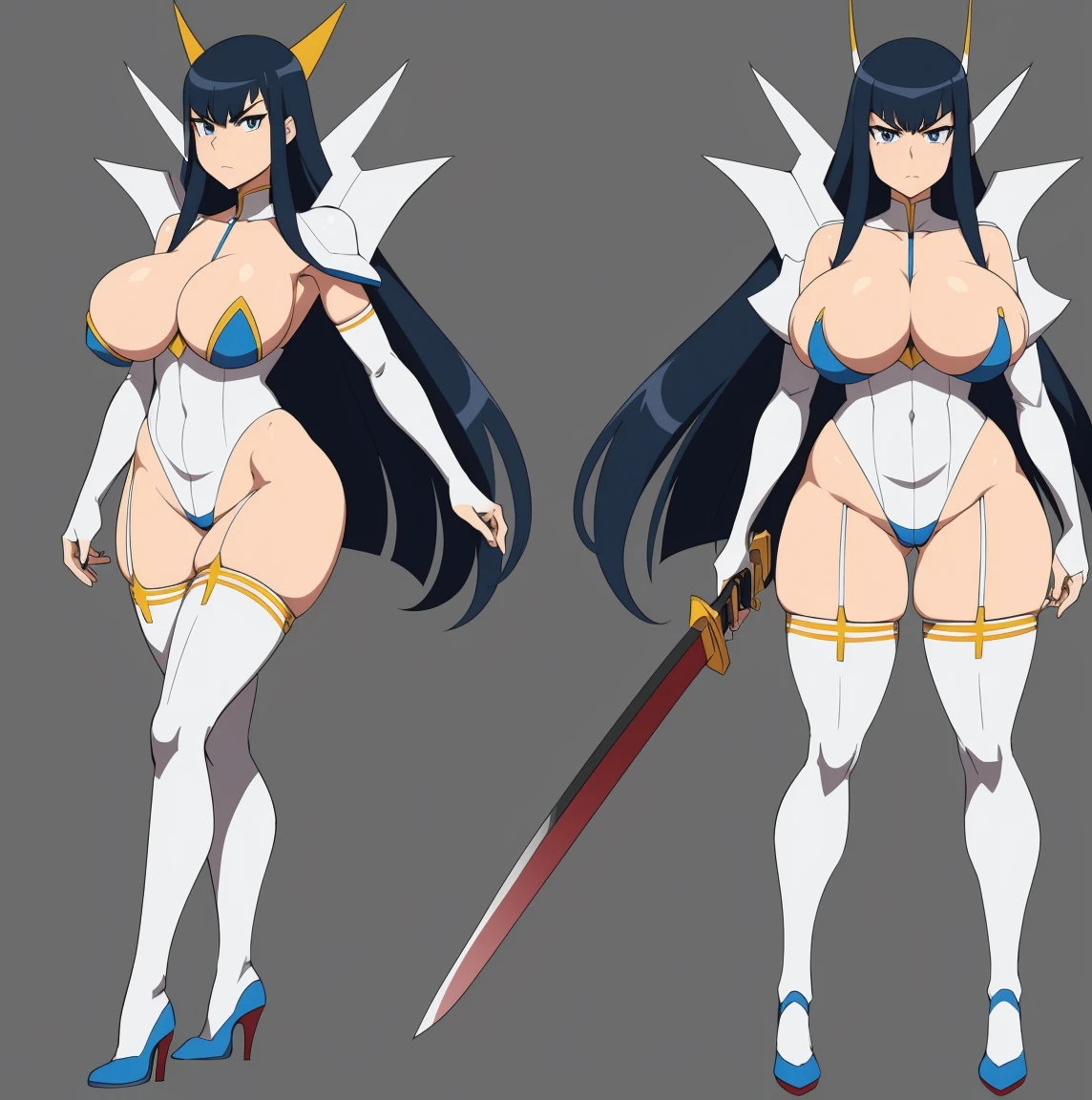 reference sheet, Satsuki Kiryuin, Satsuki Kiryuin from Kill-la-Kill, dressed in junkets, big breasts, voluminous breasts, curvy breasts, mesh stockings, standing with a katana, full height, bottom view, best quality, very detailed, ultra 8k resolution,huge breast