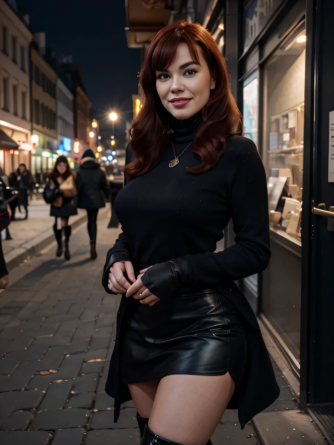 A beautiful smiling lips open Bettie page with red hair in a dark blue, long loose invernal black coat, black gloves, in a large black turtleneck with a black small round pendant in a maxy long brown pencil skirt with a side slit, tight high boots, standing outside a cafe on the street on Nevsky Prospekt, burgundy bag ,watin for the taxy, she wants to make love with me now,photo captured in stunning Ultra HD, 8k resolution, Nikon D850,