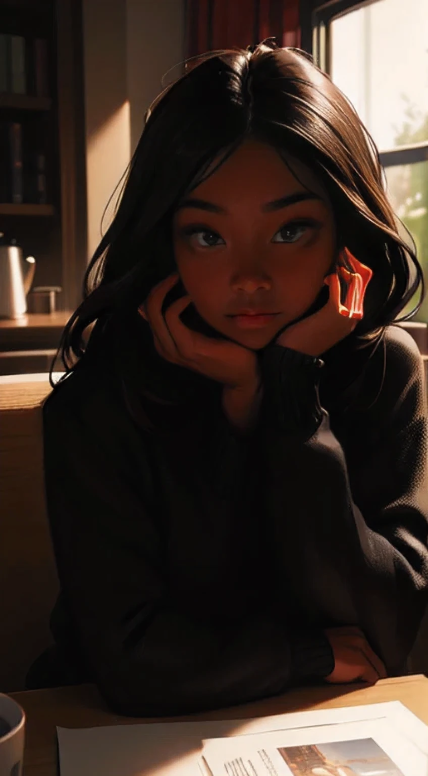 ((masterpiece, best quality, ultra detailed, ultra high res)), ((night)), (distant), chiaroscuro, coffee, indoors, solo focus, pov, (through the window), (armrest), 1 girl,(dark skin), ebony skin, ebony nose, full lips, facing away, black hair, long hair, distracted, sitting, fuzzy sweater shirt, (looking away), streetspace, neon lights, particles, luminous dark brown eyes,