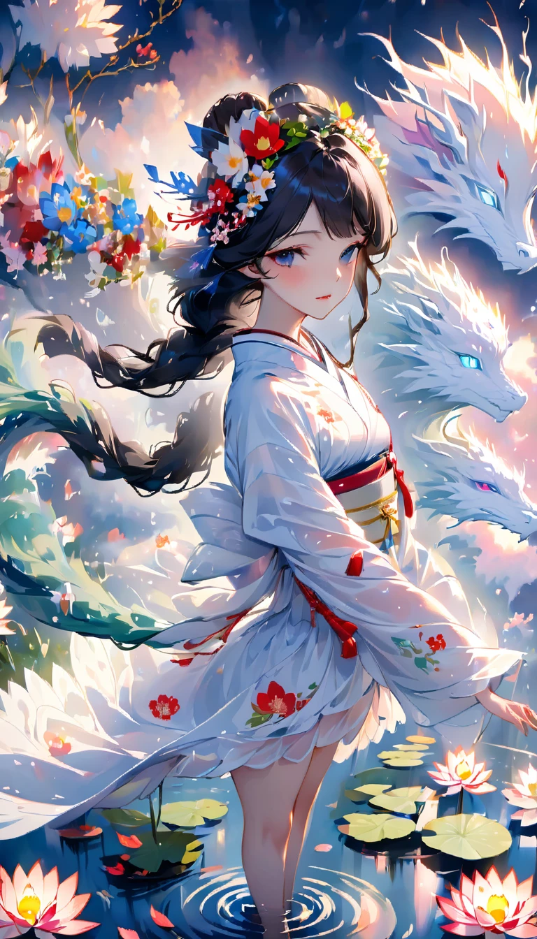 masterpiece，colorful clouds，halo，Reflection on the surface of the water，fan，Gorgeous and luxurious，Glittering，white long hair，Japanese style flower crown，Goddess，Hagoromo，The skin is transparent，、standing on tiptoe，The whole person is visible，８head and body，Beauty，kimono，長いkimonoの裾から片足だけ見えてる，kimonoが濡れて肌が透けている，A casual white dragon in the background，White Lotus Flowers．petals dance，water droplets，glossy，god々The beauty，a sad expression，flushed cheeks，night curtain