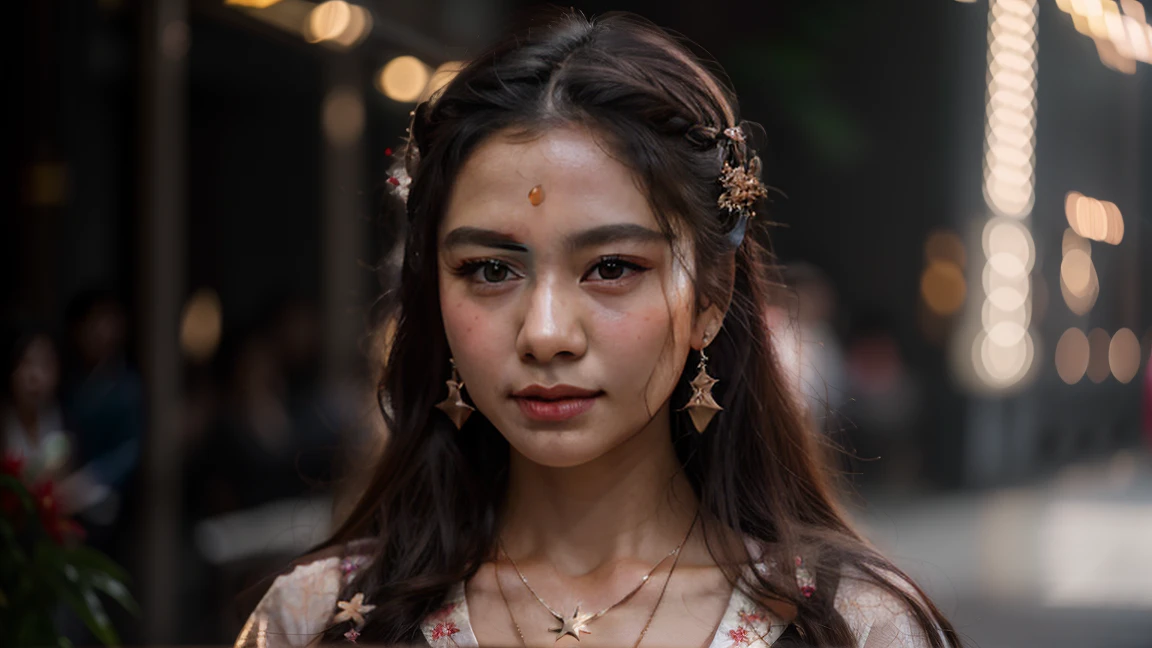 best quality, masterpiece, highres, 1girl,blush,(seductive smile:0.8),star-shaped pupils,china hanfu,hair ornament,necklace, jewelry,Beautiful face,upon_body, tyndall effect,photorealistic, dark studio, rim lighting, two tone lighting,(high detailed skin:1.2), 8k uhd, dslr, soft lighting, high quality, volumetric lighting, candid, Photograph, high resolution, 4k, 8k, Bokeh