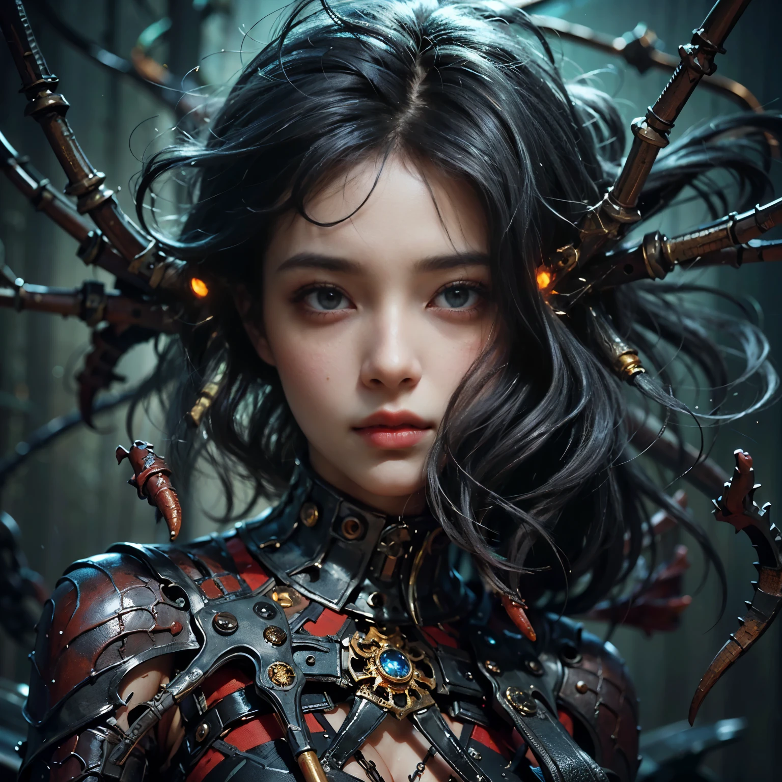 (best quality,ultra-detailed,realistic,masterpiece:1.2),girl with beautiful detailed eyes and lips in the upper body, body of a spider in the lower body, wings of a bat, partially mechanical elements, 16 years old, vibrant colors, detailed rendering of the girl's hair flowing in the wind, realistic textures on the spider body, surreal lighting highlighting the mechanical parts, haunting atmosphere, dark and mysterious background