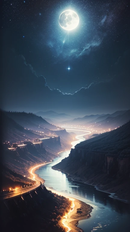 A night sky with a bright full moon shining down on a vast river