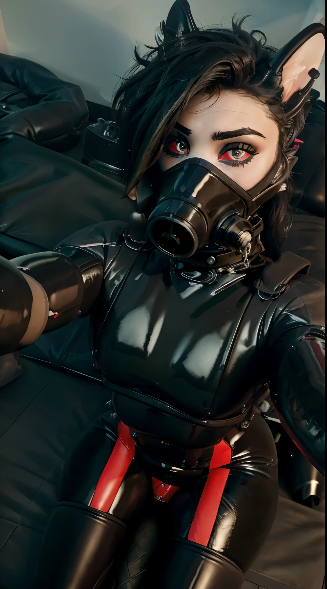 Solo, female, latex, rubber, Naga, black latex suit, gigantic tail, black rubber, black hair, Loona, medical examination room, looking at viewer, wearing gas mask, gas mask covers face so that only eyes and ears and hair is visible, detailed, (feminine eyes, detailed eyes, red sclera, ultra detailed eyes), exposing penis, massive horsecock, NSFW, explicit, ((selfie POV)), close up