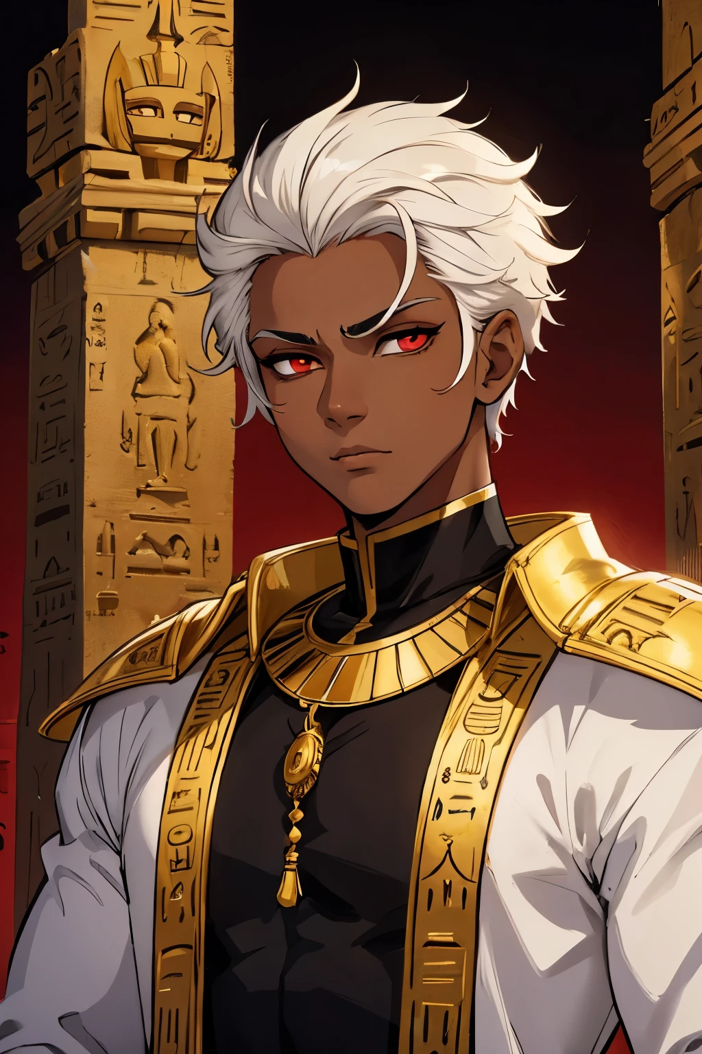 ((Alone)) young boy with dark skin, short white hair combed back, red eyes, Egyptian style, perfect eyes, perfect face, black and gold Egyptian clothes,