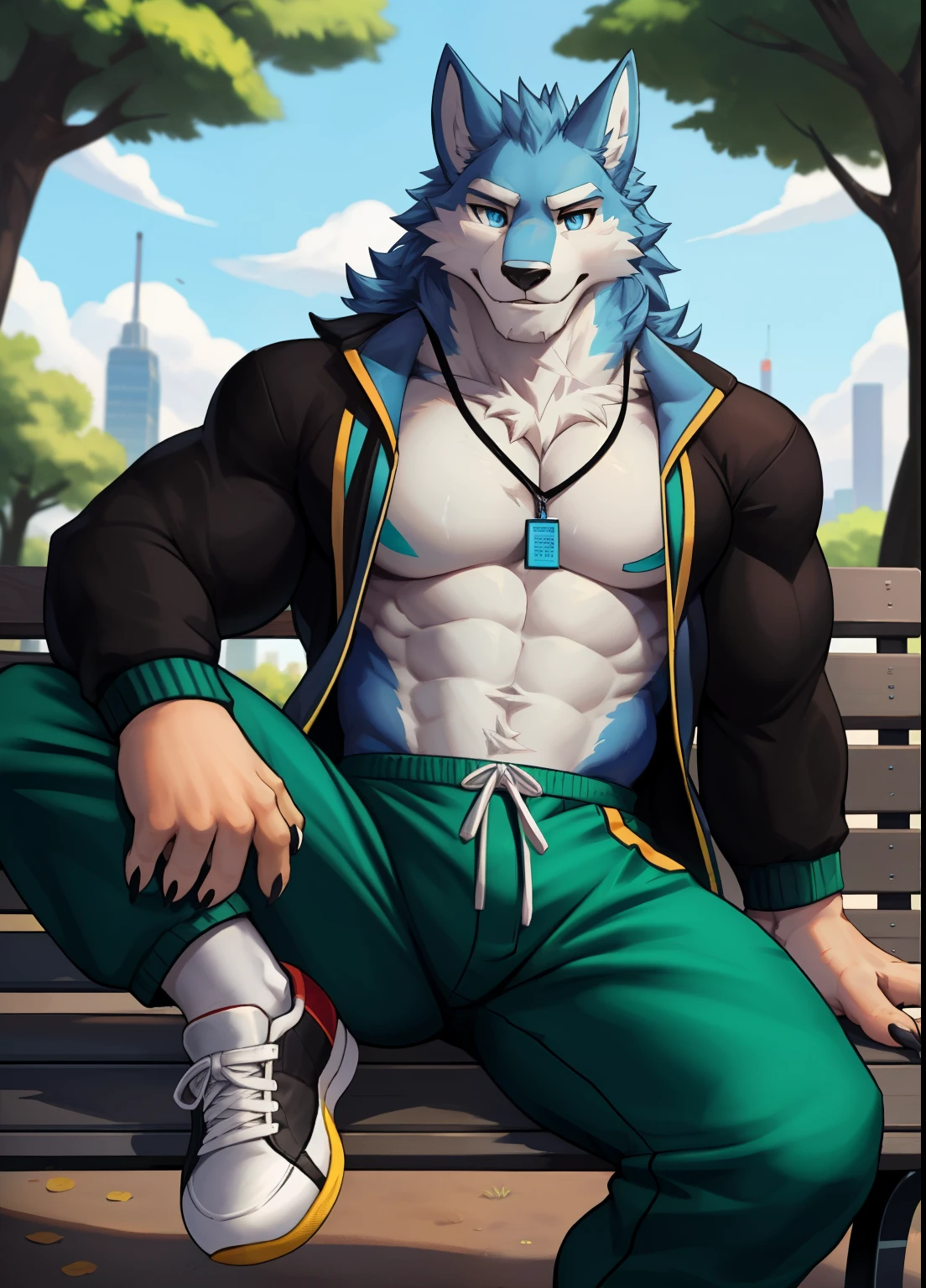 solo，1boyale focus， Very muscular， chest muscle， muscles male， Sharp nails，parks， Long hairs， Blue fur，Thick legs，solo，solo person，One man only！Blue pupil，eye closeup，full bodyesbian，athletic sneakers，bodily fluids，white legwear，Sitting on a park bench，Raise your feet，raise leg，lounge suit，suns ， Blue eyes