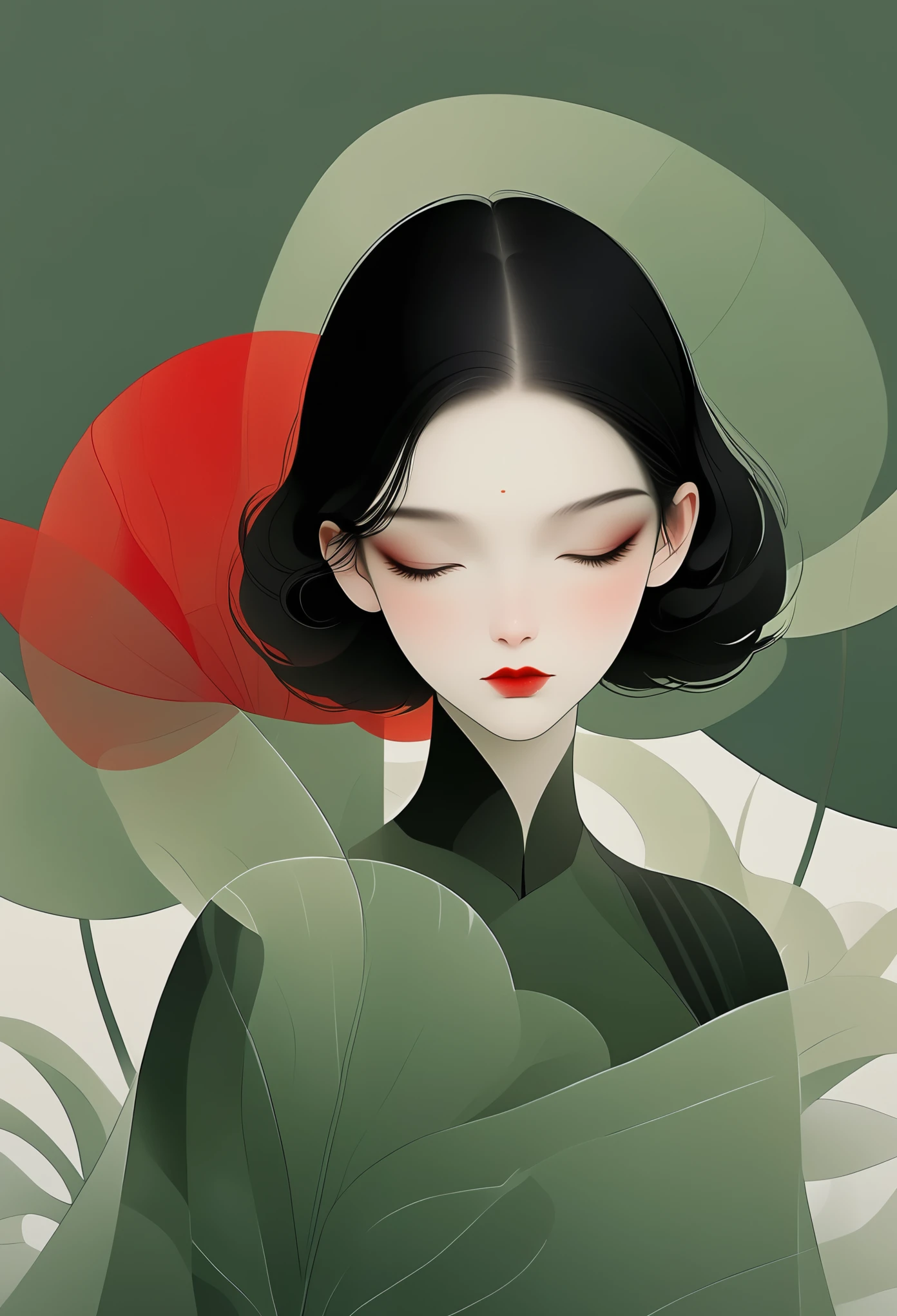 (masterpiece, best quality:1.2), 1 girl, alone,beautiful face，red lips，black hair，Simple hairstyle，Minimalist Art Nouveau，illustration style，Black and green，geometry