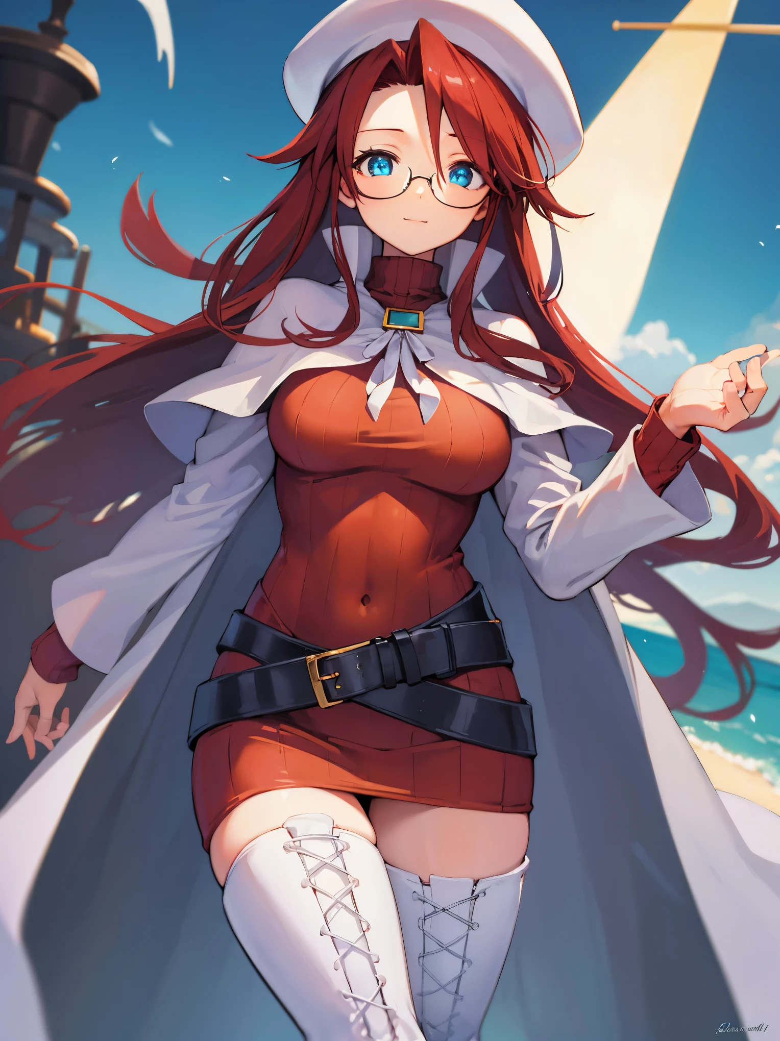 summonnightaty, aty, long hair, blue eyes, red hair, beret, hat, glasses,
BREAK long hair, thighhighs, hat, dress, boots, glasses, belt, cape, sweater, zettai ryouiki, beret, thigh boots, white footwear, ribbed sweater, loose belt,solo,
BREAK outdoors, fantasy,on_a_ship,
BREAK (masterpiece:1.2), best quality, high resolution, unity 8k wallpaper, (illustration:0.8), (beautiful detailed eyes:1.6), extremely detailed face, perfect lighting, extremely detailed CG, (perfect hands, perfect anatomy),covered_nipples,covered_navel,light_smile ,(half_eyes:1.4),sword,armpit,sleepy,dynamic_standing,barrel,red_sweater,apart_legs,magical_effect,pulmp,big_tits,