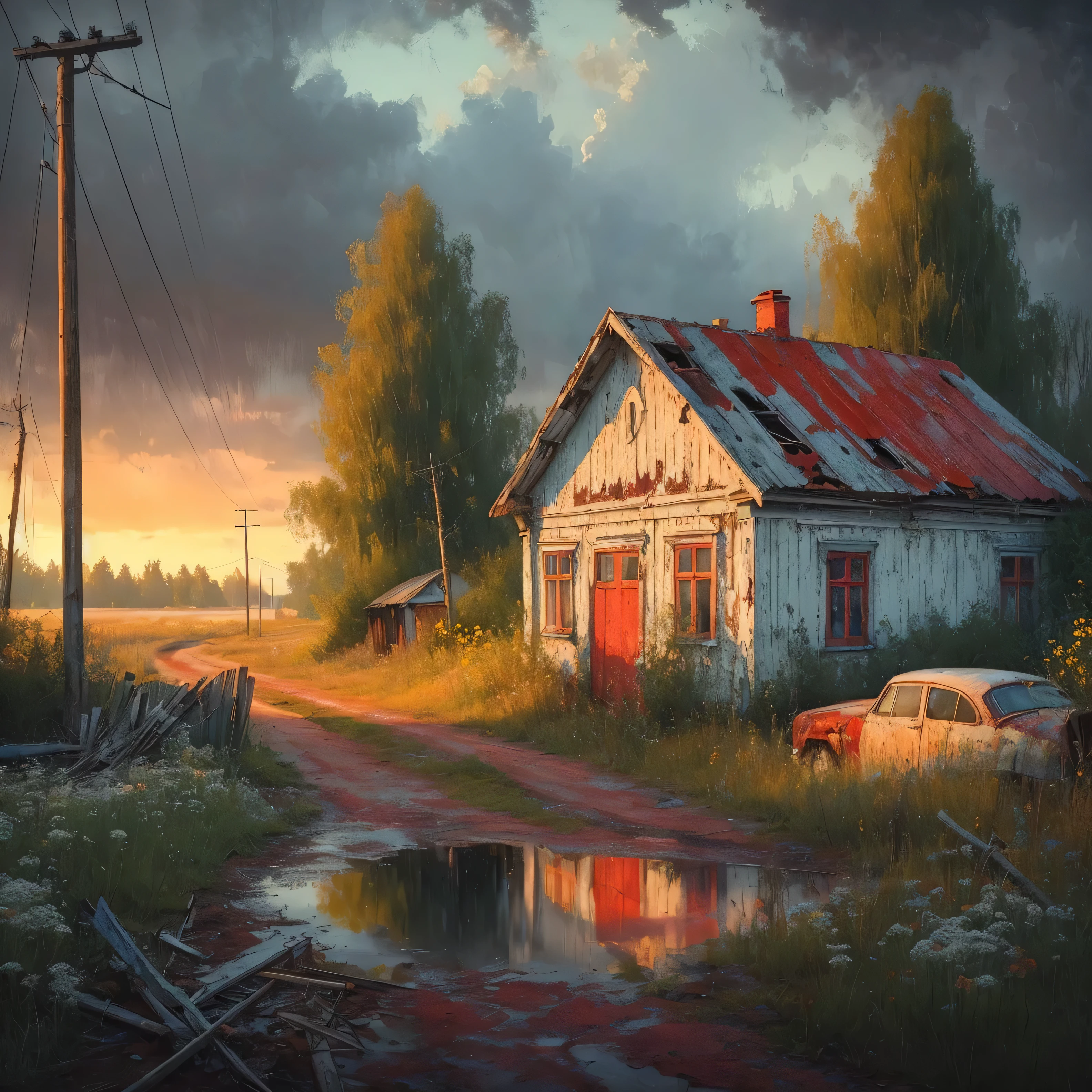 Great Idea from Magnus Wiström Country Road\\nSuperfine painterly. Dark grey -orange rainclouds, dramatic light by an abandoned rundown old white cottage, red roof, red painted windows and a broken red door with reflections in the broken windows, peeling paint. Rusty car outside cottage. an open summer field, flowers, wild grass near an old country road with puddle and reflection, telephone-lines silver birches line the road. Evening light is from far top side. Fade pastel colors. Wide angle. Add some dandelions in the grass