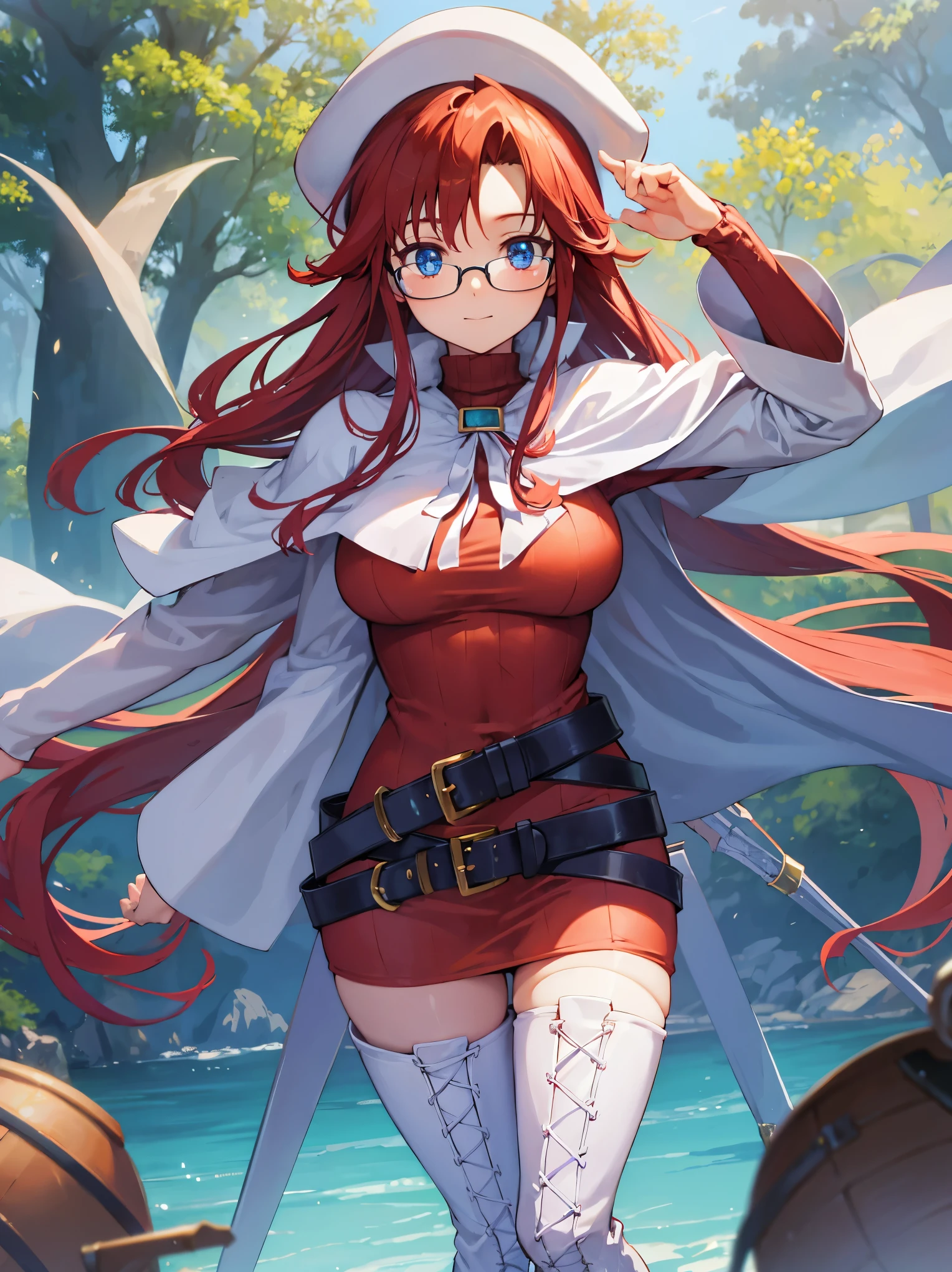 summonnightaty, aty, long hair, blue eyes, red hair, beret, hat, glasses,
BREAK long hair, thighhighs, hat, dress, boots, glasses, belt, cape, sweater, zettai ryouiki, beret, thigh boots, white footwear, ribbed sweater, loose belt,solo,
BREAK outdoors, fantasy,on_a_ship,
BREAK (masterpiece:1.2), best quality, high resolution, unity 8k wallpaper, (illustration:0.8), (beautiful detailed eyes:1.6), extremely detailed face, perfect lighting, extremely detailed CG, (perfect hands, perfect anatomy),covered_nipples,covered_navel,light_smile ,(half_eyes:1.4),sword,armpit,sleepy,dynamic_standing,barrel,red_sweater,apart_legs,magical_effect,pulmp,big_tits,