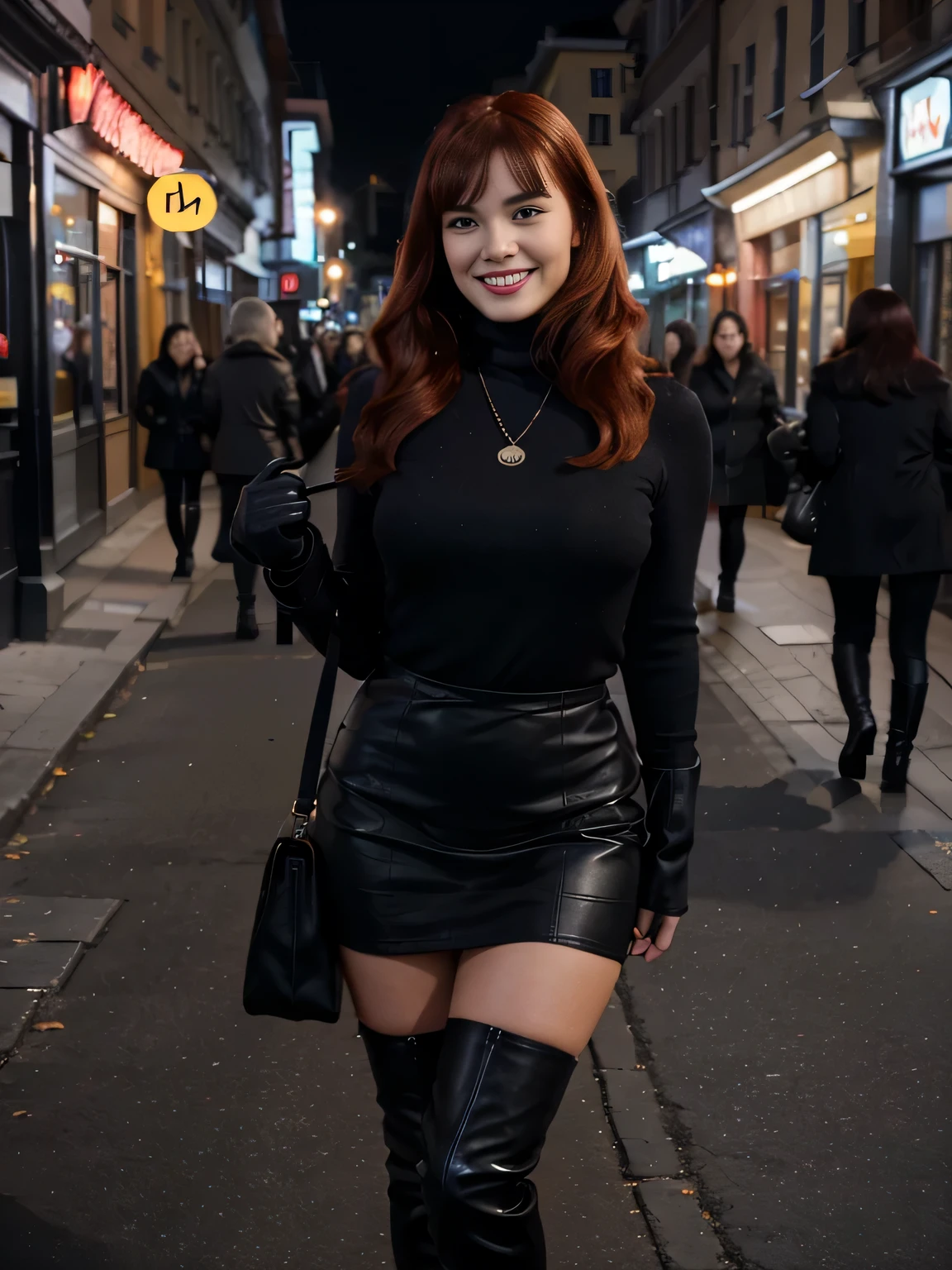 A beautiful smiling lips open Bettie page with red hair in a dark blue, long loose invernal black coat, black gloves, in a large black turtleneck with a black small round pendant in a maxy long brown pencil skirt with a side slit, tight high boots, standing outside a cafe on the street on Nevsky Prospekt, burgundy bag ,flirting with the camera, she wants to make love with me now,photo captured in stunning Ultra HD, 8k resolution, Nikon D850,
