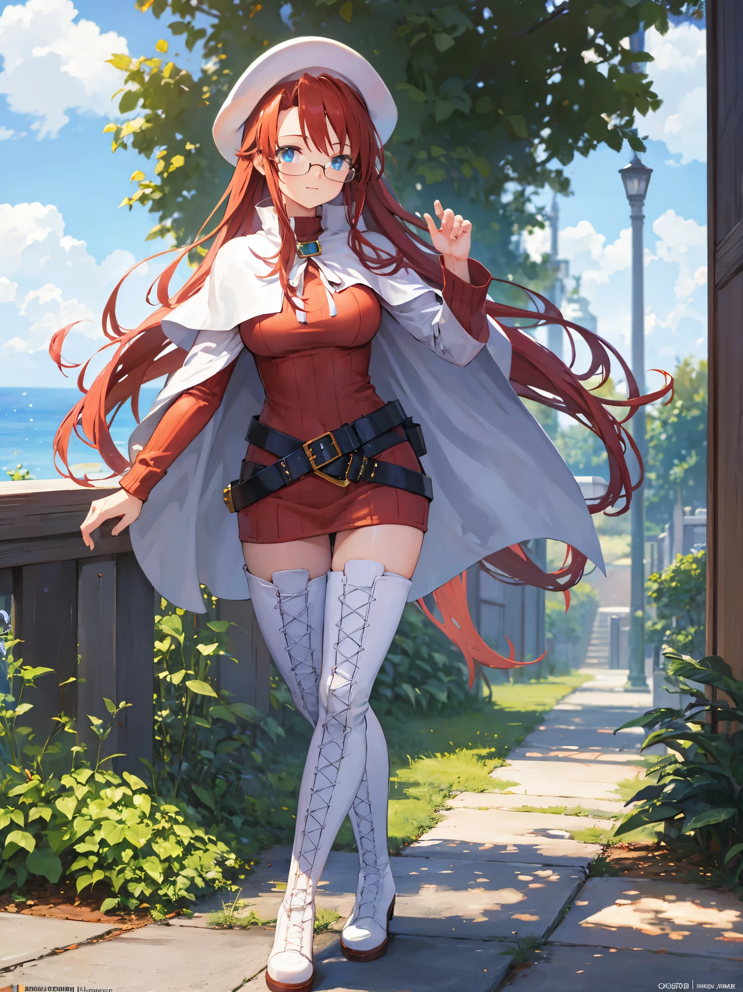 summonnightaty, aty, long hair, blue eyes, red hair, beret, hat, glasses,
BREAK long hair, thighhighs, hat, dress, boots, glasses, belt, cape, sweater, zettai ryouiki, beret, thigh boots, white footwear, ribbed sweater, loose belt,solo,
BREAK outdoors, fantasy,on_a_ship,
BREAK (masterpiece:1.2), best quality, high resolution, unity 8k wallpaper, (illustration:0.8), (beautiful detailed eyes:1.6), extremely detailed face, perfect lighting, extremely detailed CG, (perfect hands, perfect anatomy),covered_nipples,covered_navel,light_smile ,(half_eyes:1.4),sword,armpit,sleepy,dynamic_standing,barrel,red_sweater,apart_legs,magical_effect,pulmp,big_tits,