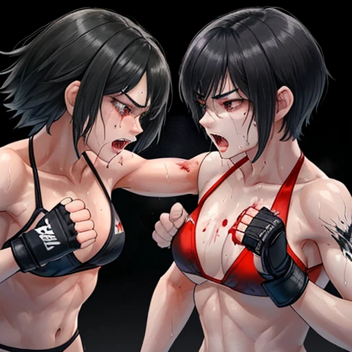 Two young and beautiful female mixed martial artists with blood on their hands pushing each other。Fighting inside the Octagon。Rivals。black hair short cut。Physical limits。painful expression。sweaty。Full of scars。Shortness of breath with open mouth。thin waist。Muscular body。open finger gloves。bikini。