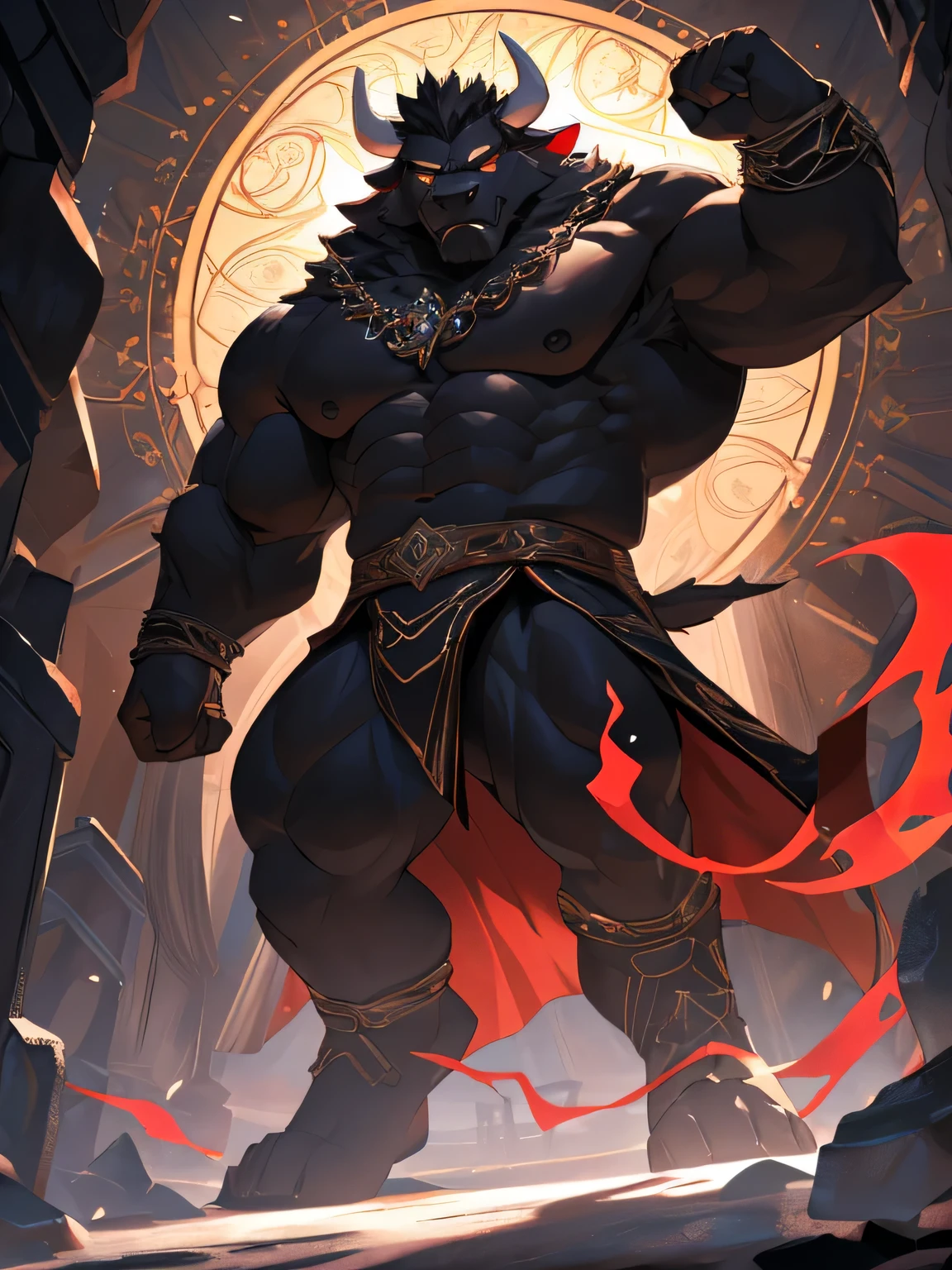 (super detailed,actual,high resolution), darkside style, (dark and mysterious atmosphere:dramatic lighting:1.1), (sharp focus:1.2), (bright colors:1.1), (Detailed muscles:1.1), (intense expression), (Strong cattle), （A pair of horns on the head），（Naked upper body），（black eyes），(muscular physique), (sinister aura), (There is a red magic circle under your feet), (Elegant and seductive posture), (Deep black fur), (sharp gaze:Enchanting), (Muscular limbs), (majestic presence), (grin), (Red is faintly visible on the fur), (Sinuous Movement), (Dynamic and captivating composition), (Impressive attention to detail), (Subtle highlights and shadows:Carefully rendered), (unforgettably beautiful), (Majestic and powerful), (Radiate a feeling of awe and fear), (A sinister and fascinating presence), (Carefully crafted), (Complex texture),