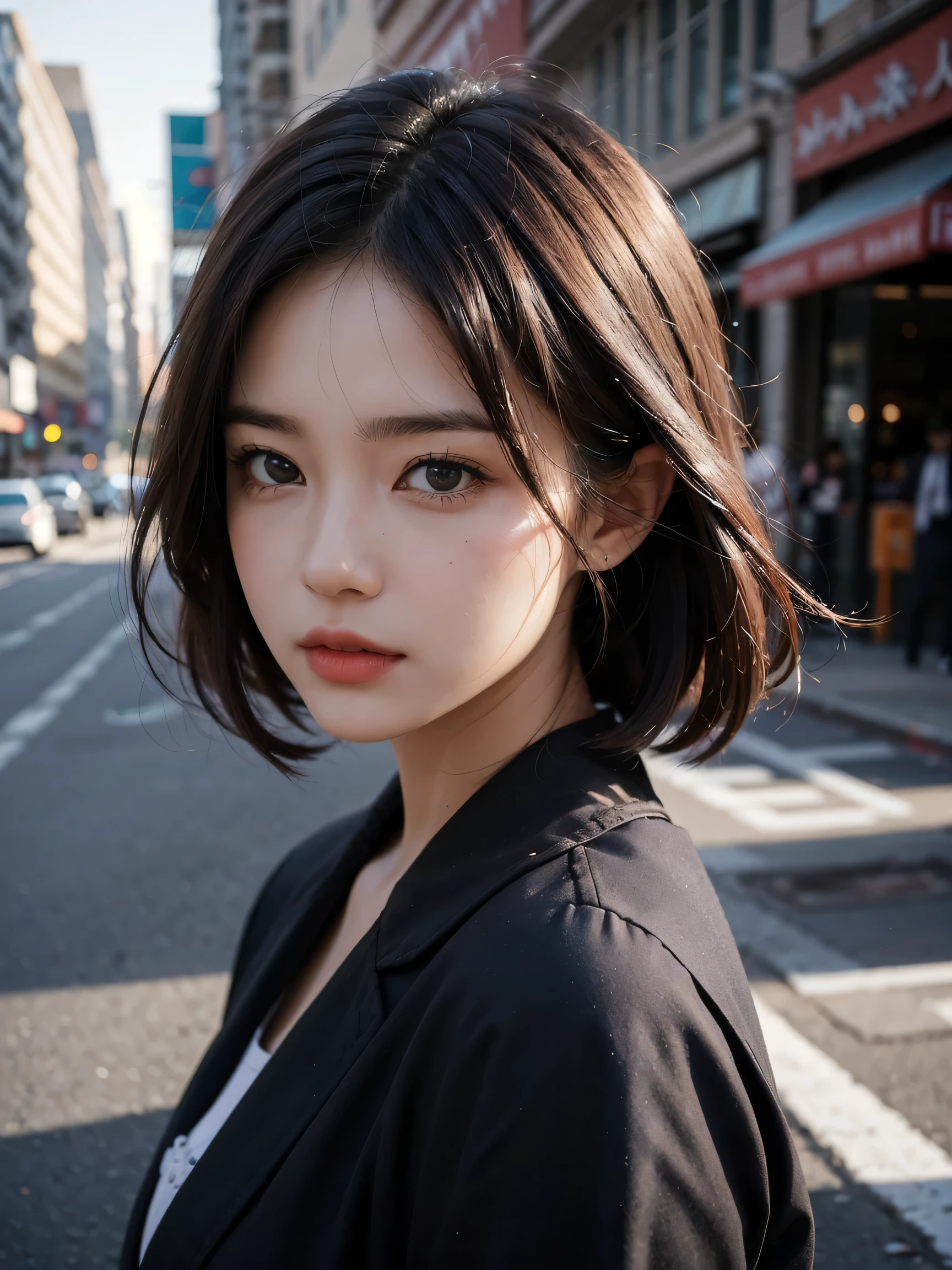 1girl, (looking at viewer:1.2), detail face, (a girl standing, rending on cgsociety, black shadows, streaming, new york backdrop), romanticism, atmospheric, (RAW photo, best quality), (realistic, photo-realistic:1.3), masterpiece, an extremely delicate and beautiful, extremely detailed,