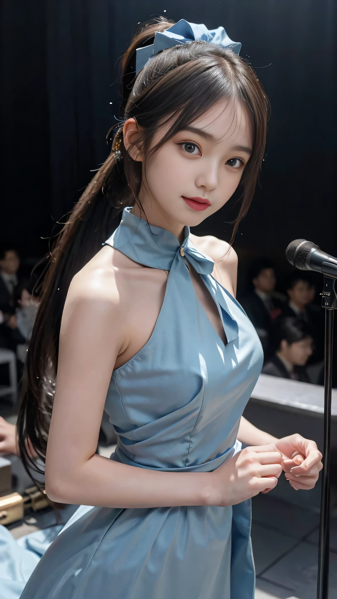 close up face,standing on stage,Blue colored long dress with lots of ruffles,One woman,masutepiece, The highest image quality, High quality, the background is clear,Beautiful woman, Japanese, Detailed, Detailed eyes, Detailed skin, Beautiful skin, 超hight resolution, (reality: 1.4),Very beautiful woman, Slightly younger face, Beautiful skin, slender, (Ultra photo realsisim), (hight resolution), (8K), (Very detailed) (beautifully detailed eyes), (super detailed), (Detailed face), view the viewer, Fine details, Detailed face, Staring straight ahead, Staring straight ahead, photos realistic, Bright lighting, Professional Lighting, Black hair,poneyTail,a baby face,fifteen years old,Hairstyle is ponytail,long ponytail hairstyle,slight smile,neat and tidy clothing,Beautiful Japanese KPOP idol photo, hair style is ponytail, my eyes are double and wide, baby face, smile and look straight ahead, slender, small breasts,Blue ribbon on head,