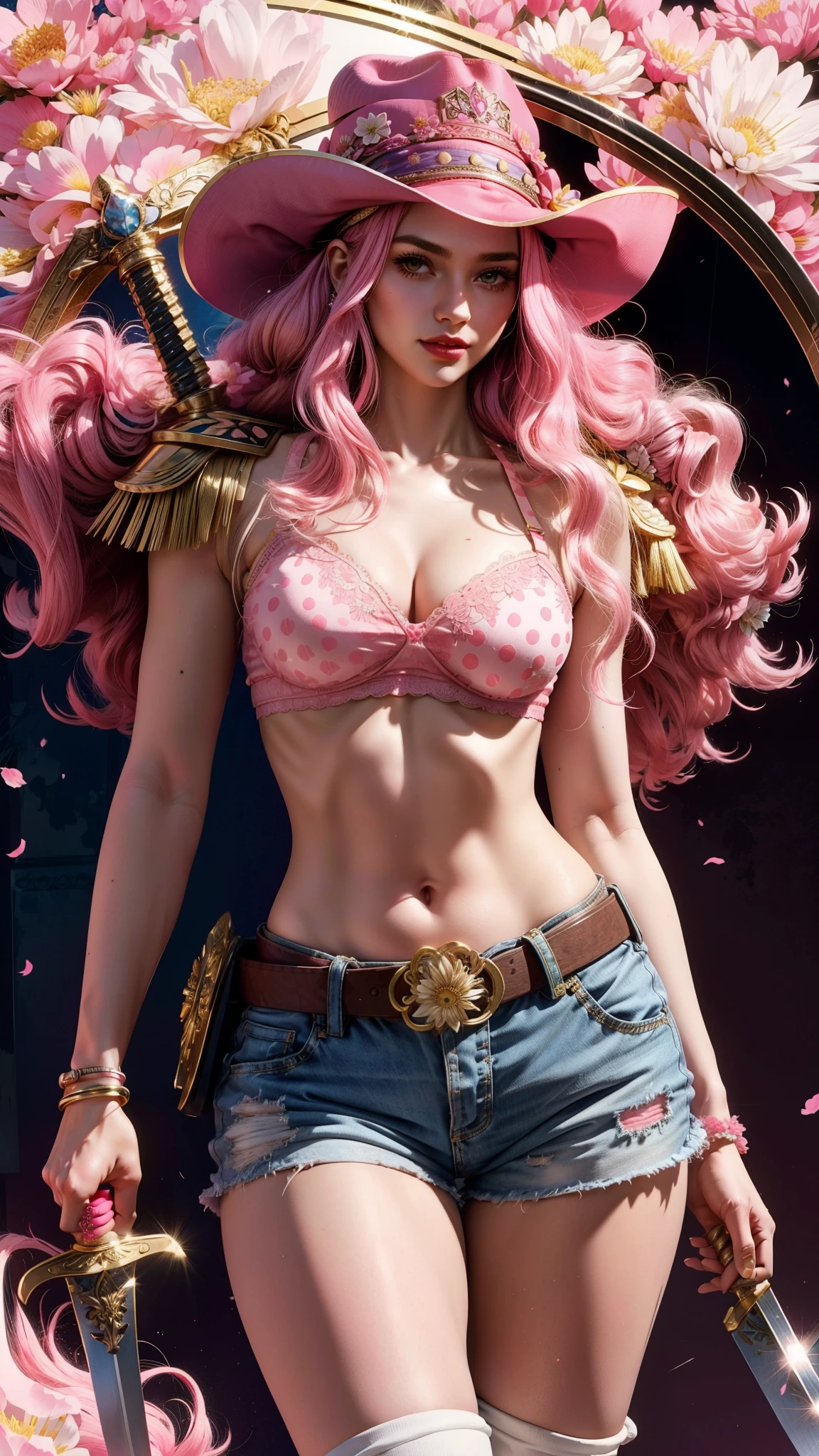 Young woman with long pink hair,large breasts and wide hips,wearing only flowery pink bra and short shorts,white boot,with a pink hat,with a sword sheathed at her waist,the hilt of the sword is golden