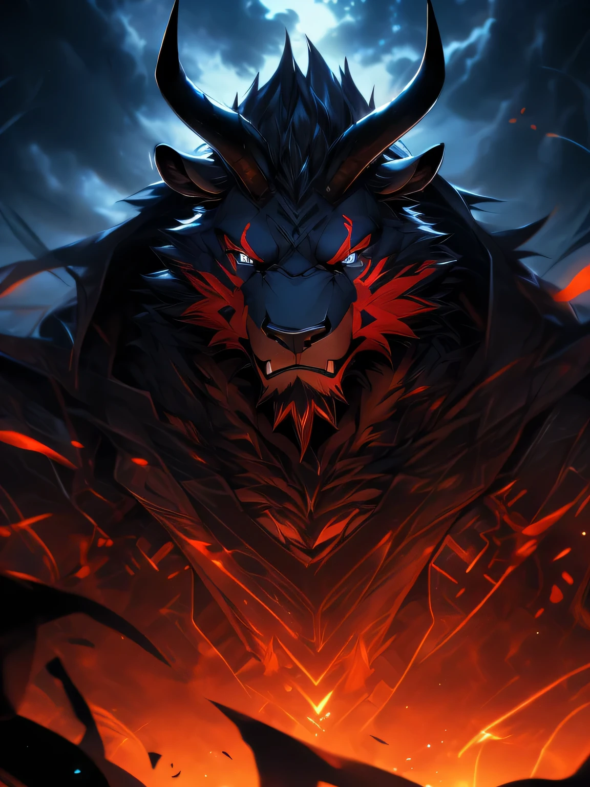(super detailed,actual,high resolution), darkside style, (dark and mysterious atmosphere:dramatic lighting:1.1), (sharp focus:1.2), (bright colors:1.1), (Detailed muscles:1.1), (intense expression), (Ominous background:cloudy day), (Strong cattle), (A pair of horns on the head),(muscular physique), (sinister aura), (Alone in a deserted room), (Elegant and seductive posture), (fierce eyes:Glow in the dark), (Deep black fur), (sharp gaze:Enchanting), (Silhouette under the moonlight), (Muscular limbs), (majestic presence), (grin), (Red is faintly visible on the fur), (Sinuous Movement), (Dynamic and captivating composition), (Impressive attention to detail), (Subtle highlights and shadows:Carefully rendered), (unforgettably beautiful), (Majestic and powerful), (Radiate a feeling of awe and fear), (A sinister and fascinating presence), (Carefully crafted), (Complex texture), (Immerse the audience in a dark and fantastical world).