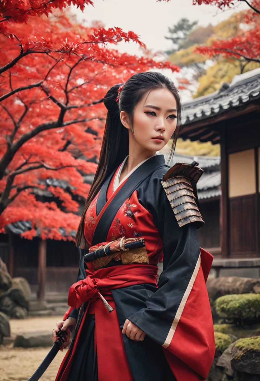 realistic photo of Chinese woman dressed neatly, in full view holding a samurai -X background of ancient Japanese house, dry leaf tree (best quality, 4K, 8k, high resolution,masterpiece:1.2) ,(actual, photoactual, photo-actual:1.37). Fresh Japanese Beauty woman, Beautiful Black Hair(long ponytail hairstyle), ((beauty mark)), ((wearing red samurai armor):1.4).((perfect_action standing pose )), ((looking into the distance) ), hyperrealistic ultra HD, cinematic, real photography