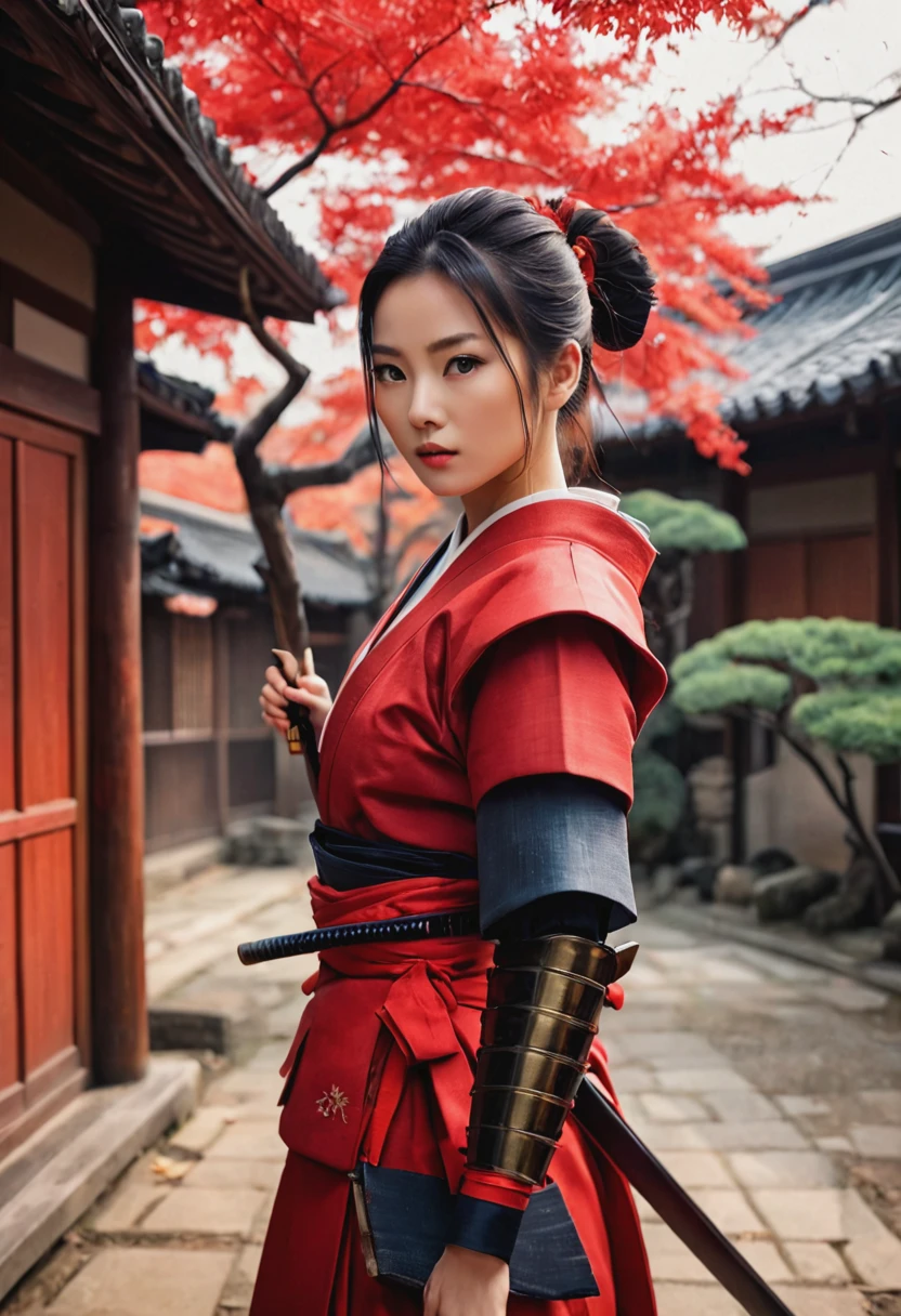 realistic photo of Chinese woman dressed neatly, in full view holding a samurai -X background of ancient Japanese house, dry leaf tree (best quality, 4K, 8k, high resolution,masterpiece:1.2) ,(actual, photoactual, photo-actual:1.37). Fresh Japanese Beauty woman, Beautiful Black Hair(long ponytail hairstyle), ((beauty mark)), ((wearing red samurai armor):1.4).((perfect_action standing pose )), ((looking into the distance) ), hyperrealistic ultra HD, cinematic, real photography