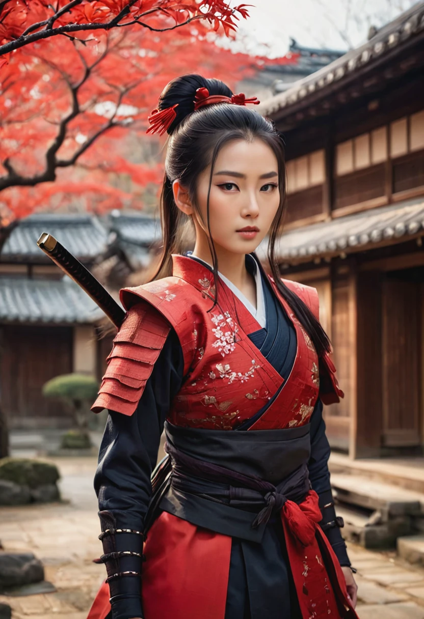 realistic photo of Chinese woman dressed neatly, in full view holding a samurai -X background of ancient Japanese house, dry leaf tree (best quality, 4K, 8k, high resolution,masterpiece:1.2) ,(actual, photoactual, photo-actual:1.37). Fresh Japanese Beauty woman, Beautiful Black Hair(long ponytail hairstyle), ((beauty mark)), ((wearing red samurai armor):1.4).((perfect_action standing pose )), ((looking into the distance) ), hyperrealistic ultra HD, cinematic, real photography