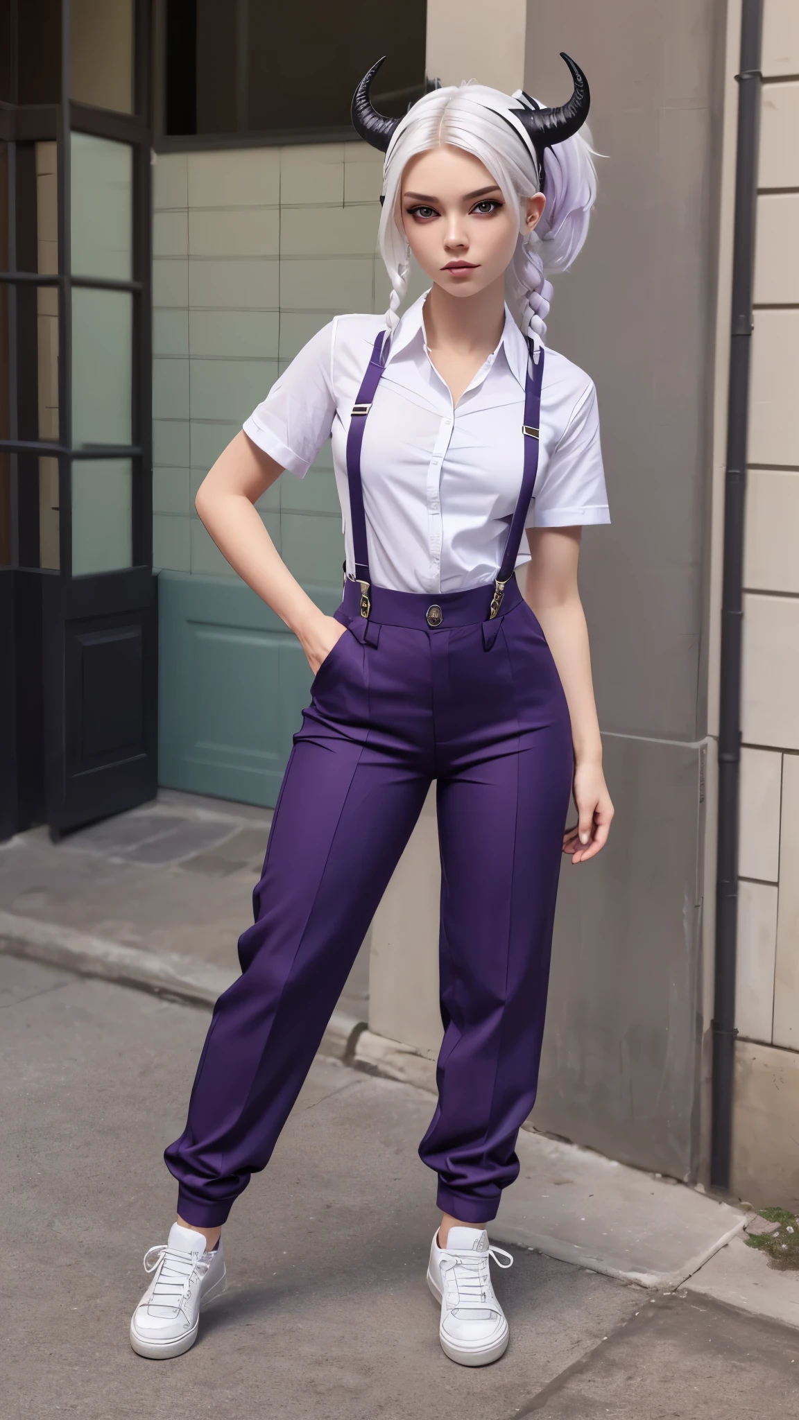 (Masterpiece, best quality), detailed, character sheet, many items (the same person, shirt, pants, lowered suspenders, , white sneakers, many parts), demon, narrow hips, demon girl, detailed beautiful purple eyes, detailed face, white hair and white skin, braided ponytail, demon horns, full of details.