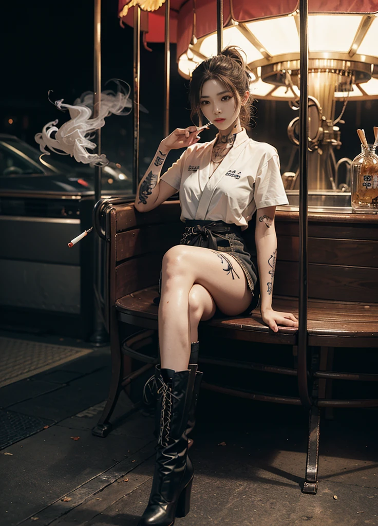 arafed woman with tattoos smoking a cigarette in a carousel, (( smoking a cigarette)), Smoke from cigarettes、Cai Xukun, ((wearing boots)), Cai Xukun, of taiwanese girl with tattoos, Inspired by Elsa Breda, Written by Emma Andijewska, with tattoos, tattooed, inked, Inspired by Kim Duk-shin, tattoo, The aesthetics of War Paint, yakuza slim girl, Neutral person, by Mika Klein