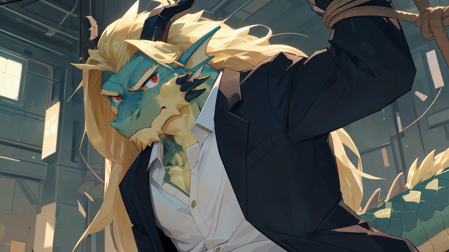 detailed eyes, (extreme detail:1.2), Nsfw, Anime style, score_9,score_8_up,score_7_up, best quality, masterpiece, high detailed, Kemono, (dragon) male, eastern dragon man, Big penis, athletic, Green skin, Long blonde hair, disheveled hair, long hair on side of head, Red eyes, (((Thin eyebrows))), arms behind head, low-angle, ((sit)), rope bondage, open clothes, glaring, saliva, v-shaped eyebrows, furrowed brow, bondage,bound, full body,Exposed penis,
