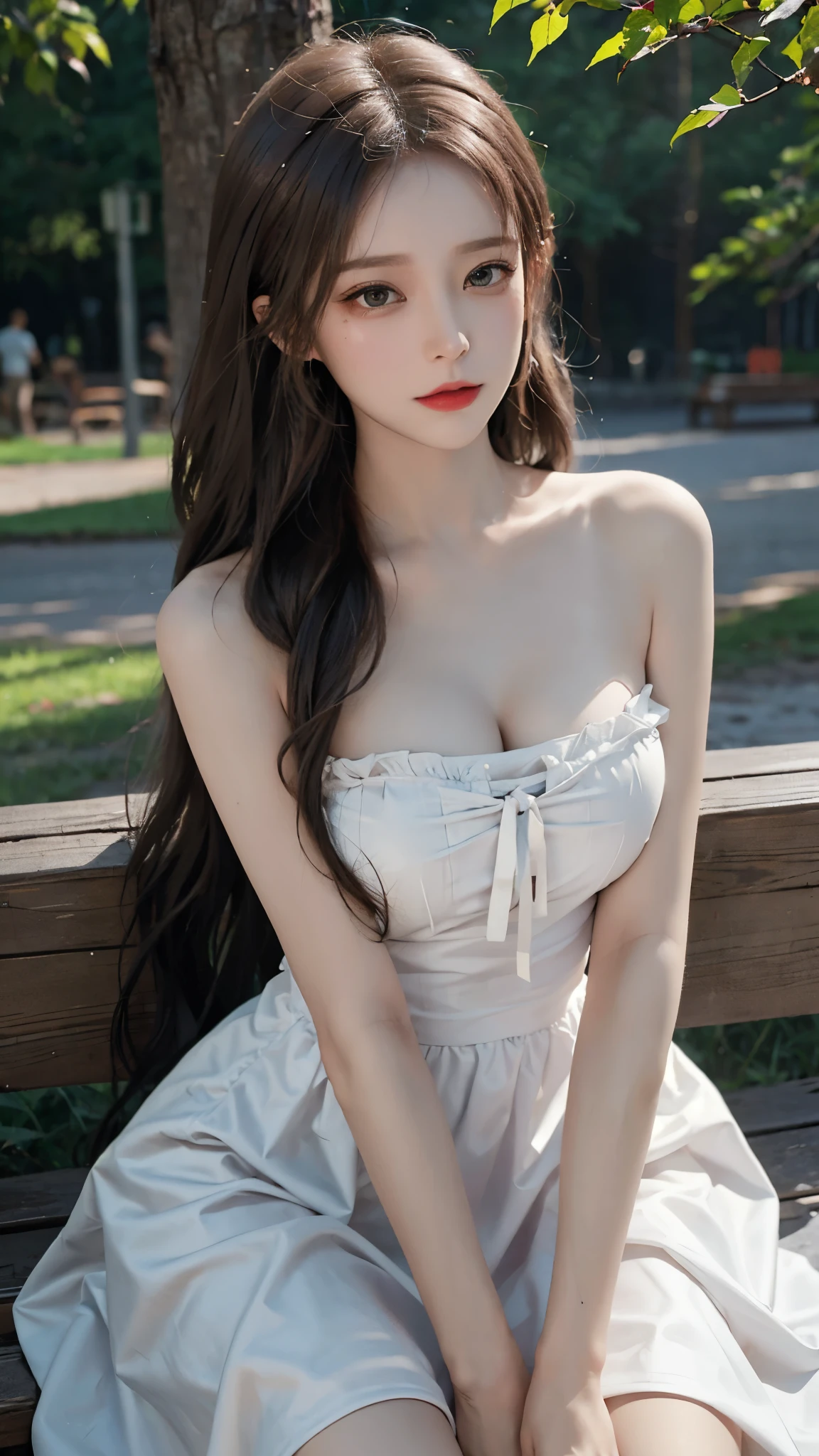 (1girl:1.3), sexy pose, slim body, (photorealistic:1.4), (masterpiece, top quality, best quality, official art), extreme detailed, highest detailed, (ultra-detailed), ((an extremely delicate and beautiful)), cinematic light, (realisticlying:1.3), (highdetailskin:1.2), high resolution, 8K UHD, 4K, 8K, Bokeh, digital SLR camera, absurderes, Optimal proportions of four fingers and one thumb, in the park with trees,sitting on bench, ((silky long hair)), (brown hair), tears, beautiful face, perfect face, highly detailed beautiful face, Cute, shy,blush, dynamic angle, from above,looking at viewer, wearing Tulle Overlay Camisole dress