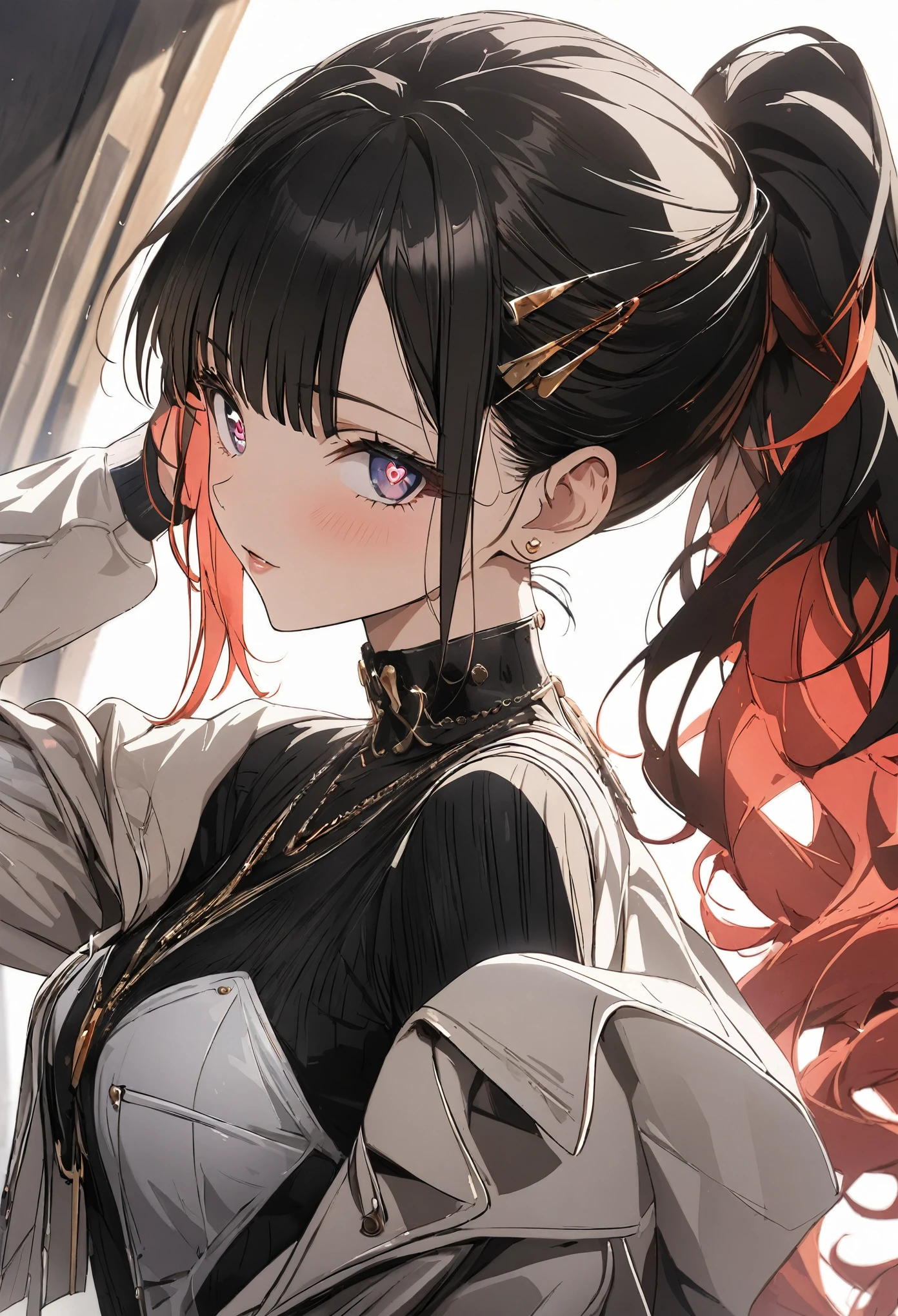 1girl, multicolored hair, black hair, red hair, bangs, ponytail, heart-shaped pupils, anime, anime style, masterpiece, high details, high quality, award winning, best quality, highres