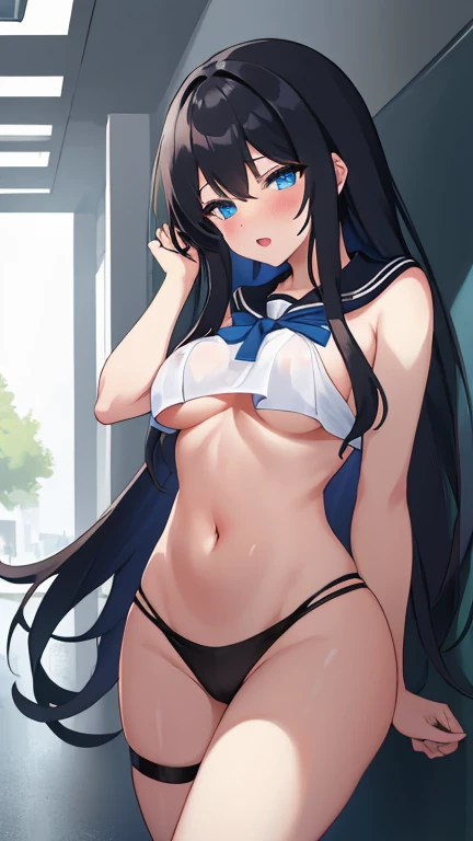 tmasterpiece，best qualtiy，tmasterpiece，best qualtiy，offcial art，the Extremely Detailed CG Unity 8K Wallpapers，traditional_Mediums，Kizi，，black hair band，long whitr hair，whaite hair，eBlue eyes，Small breasts，navel, underboob，Extremely embarrassed, ahegao，,low-tied long hair,straight on,Pupil of the slit,serafuku,school hallway