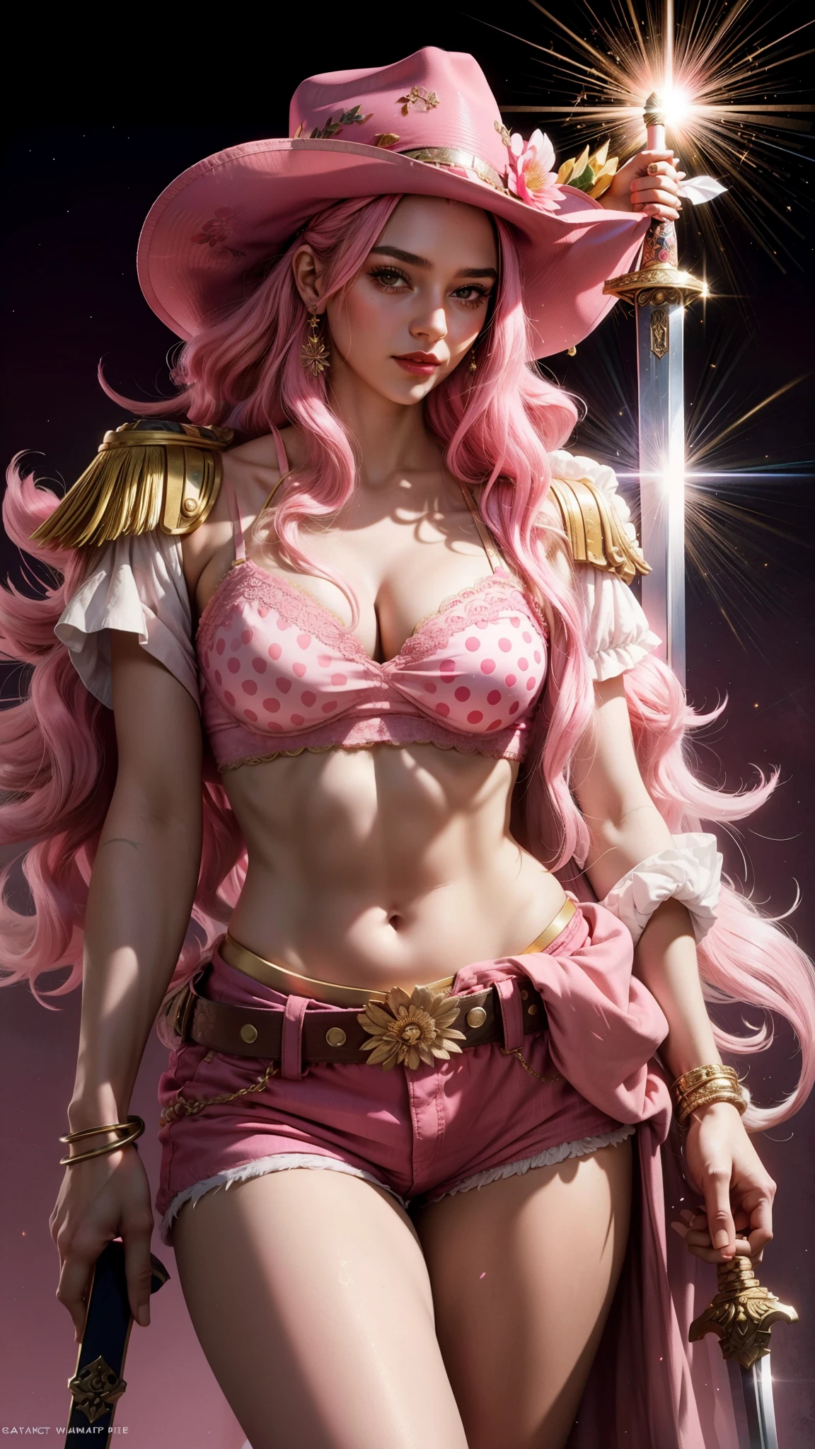 Young woman with long pink hair,large breasts and wide hips,wearing only flowery pink bra and short shorts,white boot,with a pink hat,with a sword sheathed at her waist,the hilt of the sword is golden