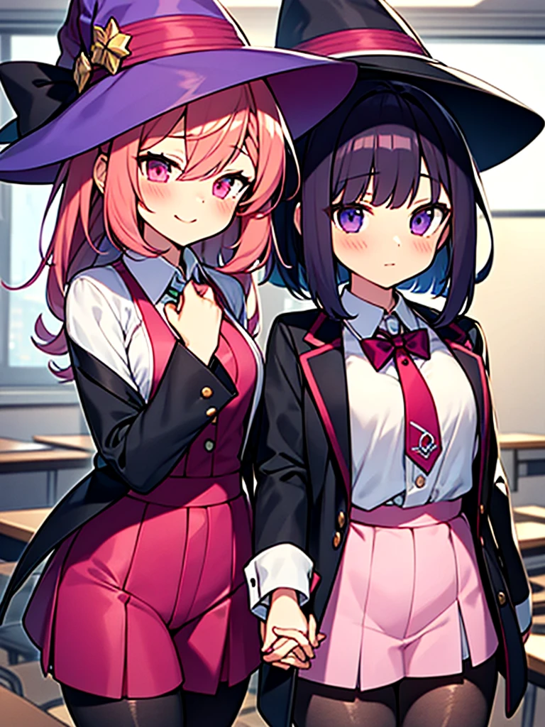 ultra detailed face,2people,hold hand,class room,
1of2:small girl, girl wearing Formal-style purple witch clothes,purple_hat,purple_bob_hair,pantyhose,passive,look down,fragile,
2of2:gyaru girl wearing pink_witch_clothes,pink_hat,pink_red_wavy_bob_hair,hot pants,