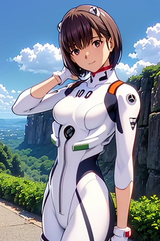  alone, ((middle hair、short hair、brown hair、:1.2))、brown eyes、standing with a smile,
break ((white plug suit、Evangelion)),
break outdoors, city, null, sun, cloud,
break looking at viewer, (cowboy shot:1.5),
break (masterpiece:1.2), highest quality, High resolution, unity 8k wallpaper, (figure:0.8), (detailed and beautiful eyes:1.6), highly detailed face, perfect lighting, Very detailed CG, (perfect hands, perfect anatomy),