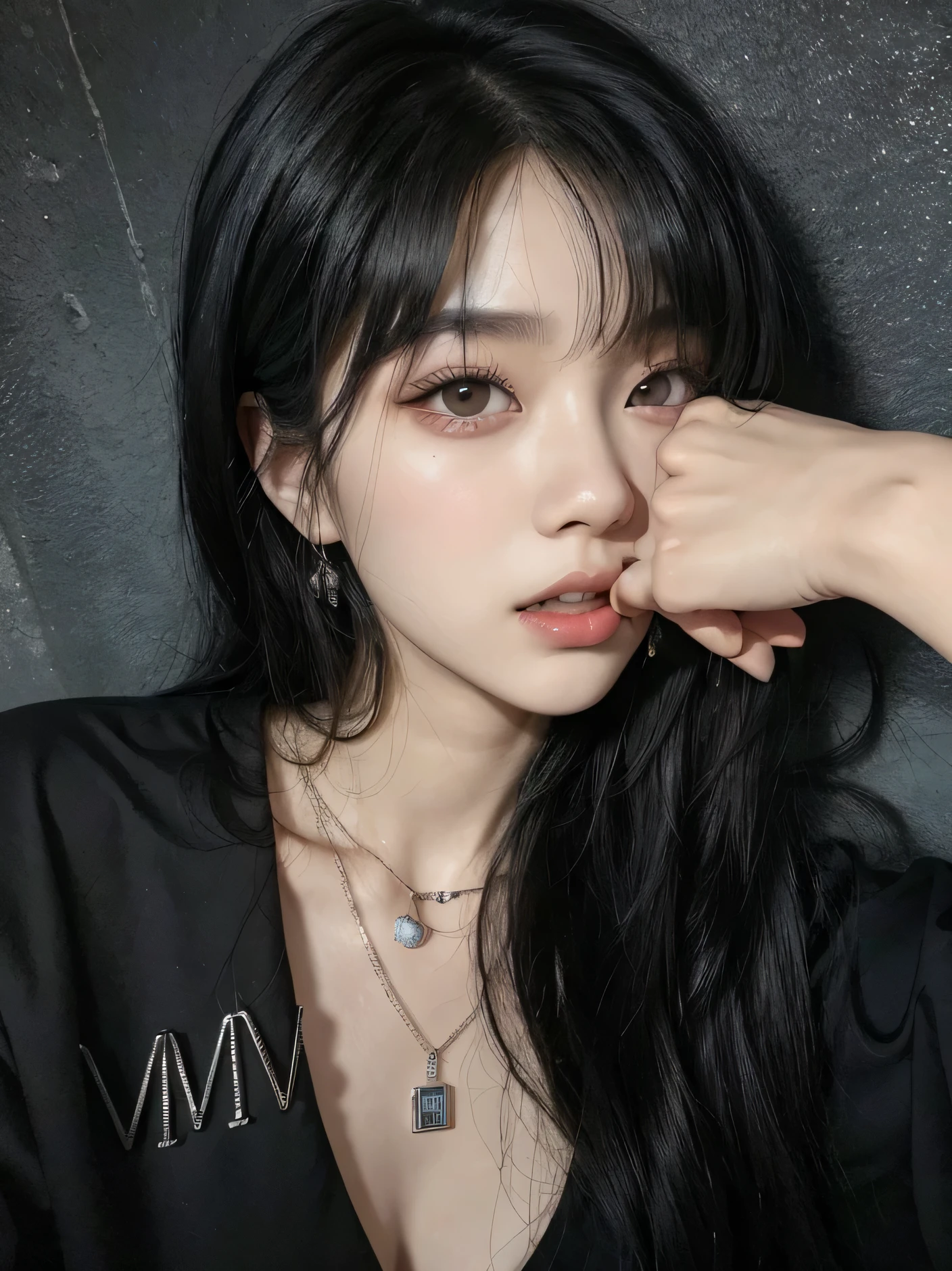 araffed woman with long black hair and a necklace on her neck, ulzzang, jinyoung shin, cruel korean goth girl, she has black hair with bangs, heonhwa choe, jaeyeon nam, wan adorable korean face, sun yunjoo, kim doyoung, with black sclera eyes, lee ji-eun, lee ji - eun