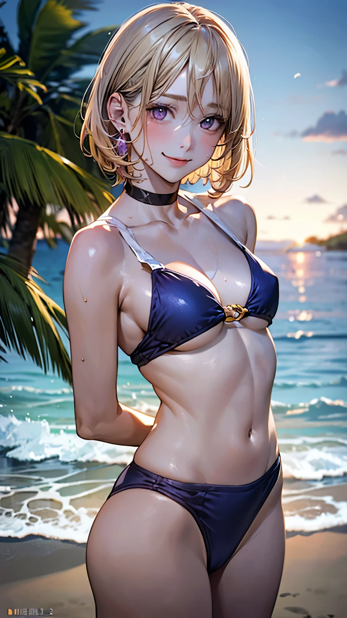 (masterpiece:1.2, top-quality), (realistic, photorealistic:1.4), beautiful illustration, (natural side lighting, movie lighting),
looking at viewer, cowboy shot, 1 girl, japanese, gravure Idol, high school girl, perfect face, cute and symmetrical face, suntan, shiny skin, slender,
(short hair:1.2, pixie cut:1.2, blonde hair), parted bangs, gold eyes, long eye lasher, (large breasts:0.6),
beautiful hair, beautiful face, beautiful detailed eyes, beautiful clavicle, beautiful body, beautiful chest, beautiful thigh, beautiful legs, beautiful fingers,
((purple swim wears), black choker, wrist chakra),
(beautiful scenery), tropical beaches, (arms behind back,), (lovely smile, upper eyes),