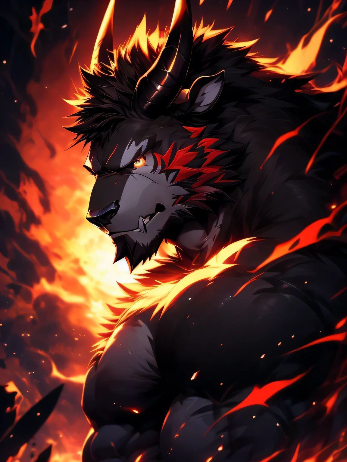 (super detailed,actual,high resolution), darkside style, (dark and mysterious atmosphere:dramatic lighting:1.1), (sharp focus:1.2), (bright colors:1.1), (Detailed muscles:1.1), (intense expression), (Ominous background:cloudy day), (Strong cattle), （A pair of horns on the head），（Naked upper body:1.5），(muscular physique), (sinister aura), (Alone in a deserted room), (Elegant and seductive posture), (fierce eyes:Glow in the dark), (Deep black fur), (sharp gaze:Enchanting), (Silhouette under the moonlight), (Muscular limbs), (majestic presence), (grin), (Red is faintly visible on the fur), (Sinuous Movement), (Dynamic and captivating composition), (Impressive attention to detail), (Subtle highlights and shadows:Carefully rendered), (unforgettably beautiful), (Majestic and powerful), (Radiate a feeling of awe and fear), (A sinister and fascinating presence), (Carefully crafted), (Complex texture), (Immerse the audience in a dark and fantastical world).