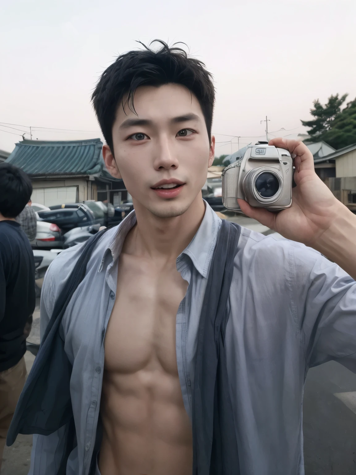 There's a man with a shirt when taking a picture, homem sul-coreano, lindo chad queixo, mid shot of a handsome guy, melhor qualidade, 4k, Choi San.
