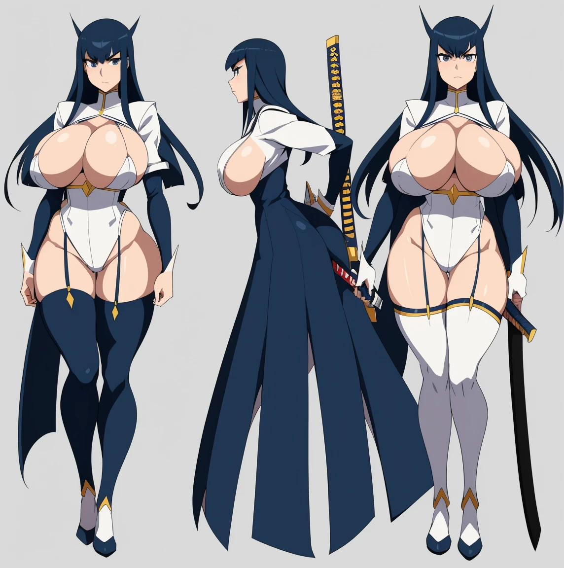 reference sheet, Satsuki Kiryuin, Satsuki Kiryuin from Kill-la-Kill, dressed in junkets, big breasts, voluminous breasts, curvy breasts, mesh stockings, standing with a katana, full height, bottom view, best quality, very detailed, ultra 8k resolution,huge breast