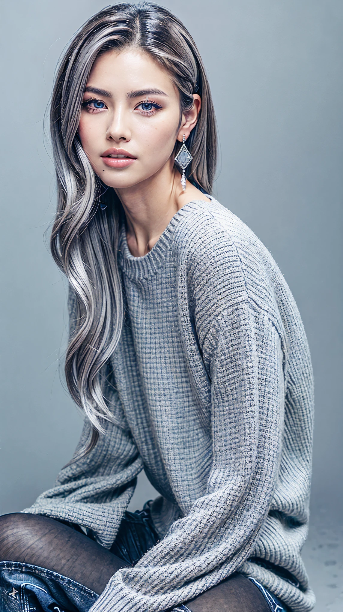 (anime:1.3), (fashion portrait:1.6), ultra detailed, beautiful, masterpiece, best quality, _ BREAK (1girl:1.2), 22 years old, 160 cm, Japanese cute model, Tightened all body, medium Breasts, (small head, small face:1.3), diamond Face, small nose, Sharp Faceline, BREAK (Glossy Lips:1.3), (Light color lips, Half open mouth, beautiful Teeth:1.2), (dropy eyes, Double eyelid, Blue eyes:1.2), _ BREAK (arranged hairstyle:1.3), (gray hair:1.3), _ BREAK (gray simple background:1.4), (blurry background, Fog, mist:1.2), _ BREAK (cowboy shot, all body:1.7), (sitting:1.6), sexy model pose, short length, (black tight leggings:1.2),
BREAK
(black high-cut sneakers:1.1), (silver hoop earrings:1.2), (minimalist silver necklace:1.2), (silver bracelet:1.2), (silver anklet:1.2)