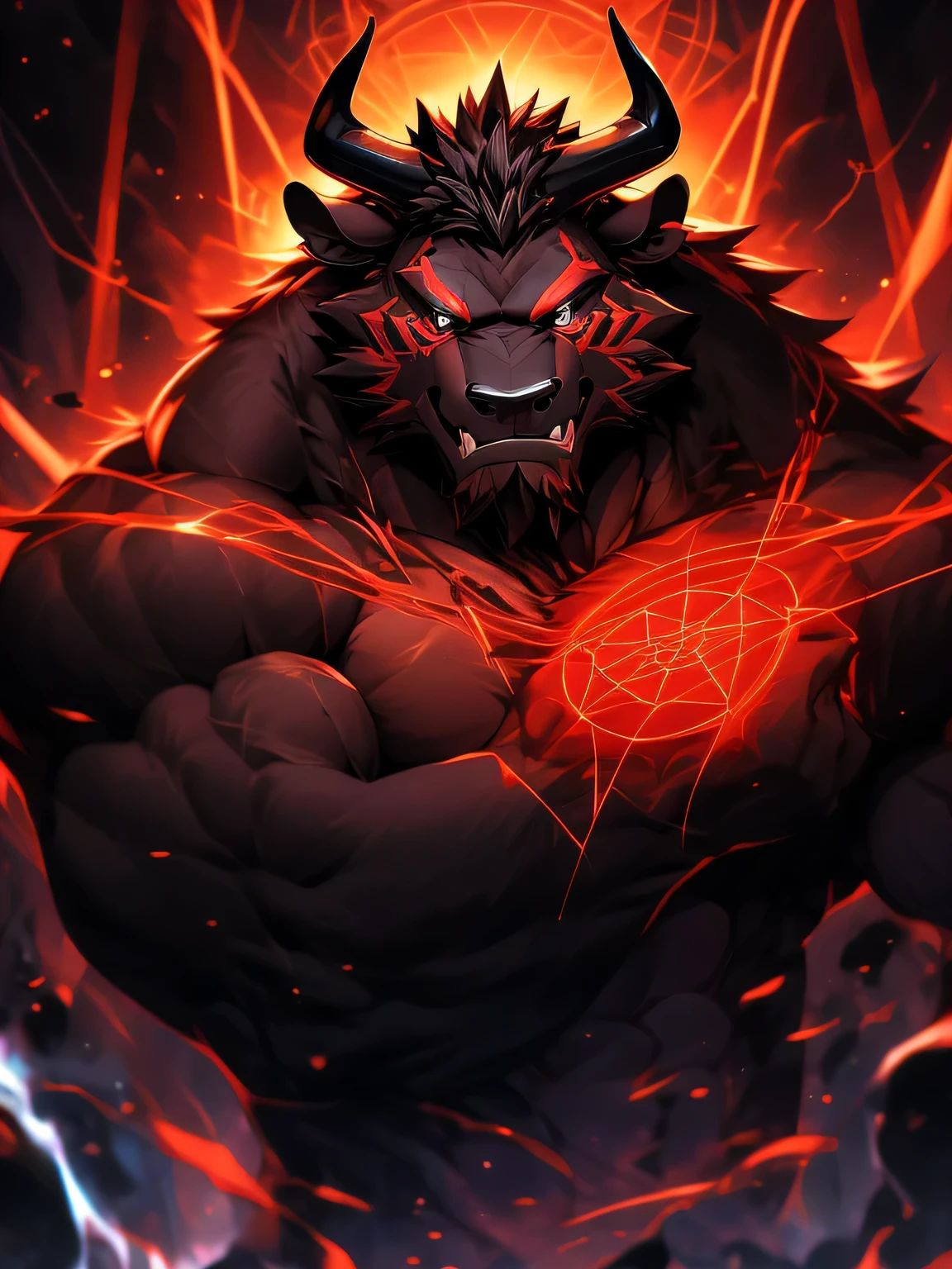 (super detailed,actual,high resolution), darkside style, (dark and mysterious atmosphere:dramatic lighting:1.1), (sharp focus:1.2), (bright colors:1.1), (Detailed muscles:1.1), (intense expression), (Strong cattle), （A pair of horns on the head），（Naked upper body），（black eyes），(muscular physique), (sinister aura), (There is a red magic circle under your feet), (Elegant and seductive posture), (Deep black fur), (sharp gaze:Enchanting), (Muscular limbs), (majestic presence), (grin), (Red is faintly visible on the fur), (Sinuous Movement), (Dynamic and captivating composition), (Impressive attention to detail), (Subtle highlights and shadows:Carefully rendered), (unforgettably beautiful), (Majestic and powerful), (Radiate a feeling of awe and fear), (A sinister and fascinating presence), (Carefully crafted), (Complex texture),